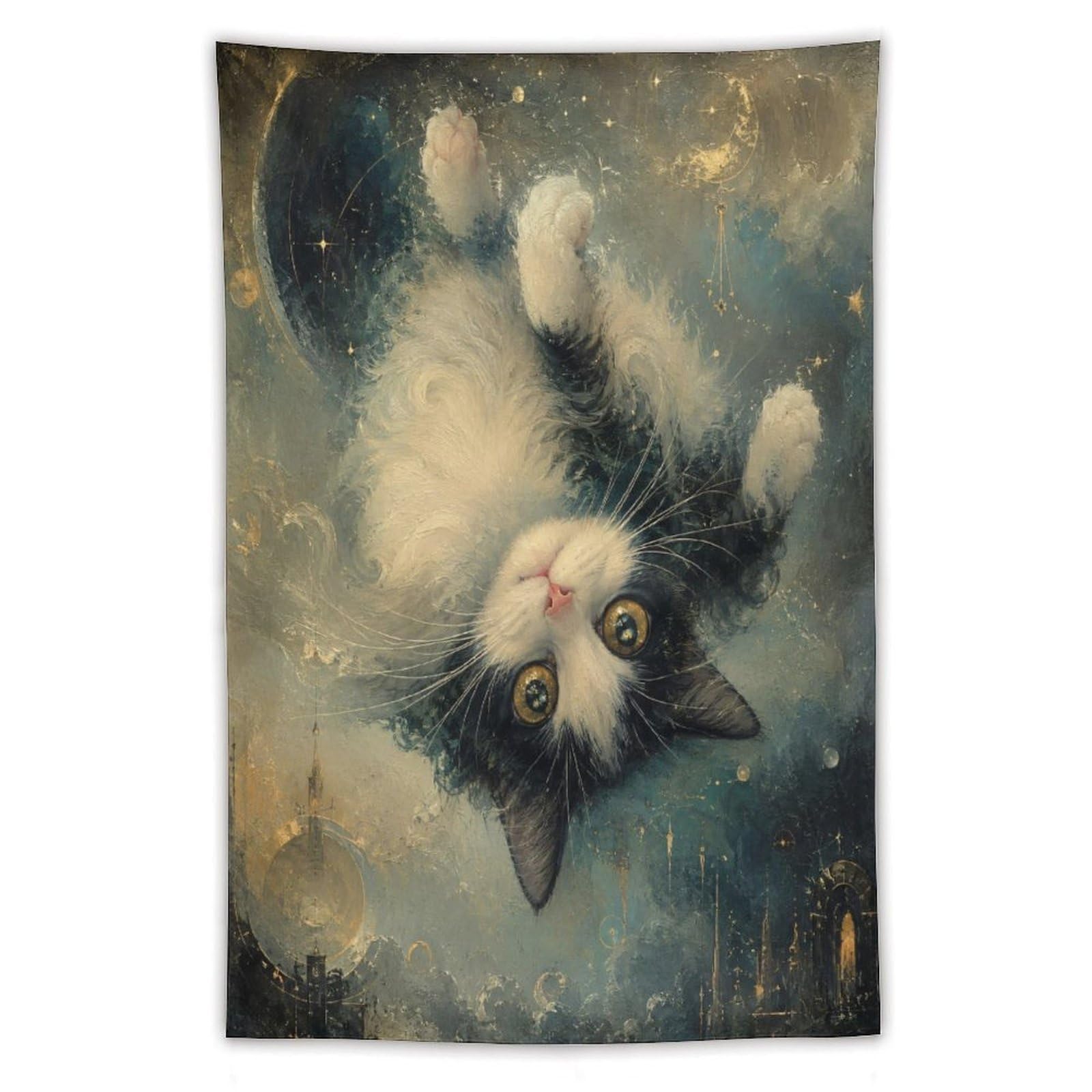 H3B8U2Y5 Upside Down Cat Moonlit Wall Tapestry, Expressive Eyes