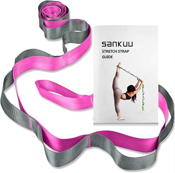 SANKUU Yoga Strap, Multi-Loop Strap, 12 Loops Yoga Stretch Strap, Non Stretch Strap for Physical Therapy, Pilates, Dance, Gymnastics with Carry Bag, Pink