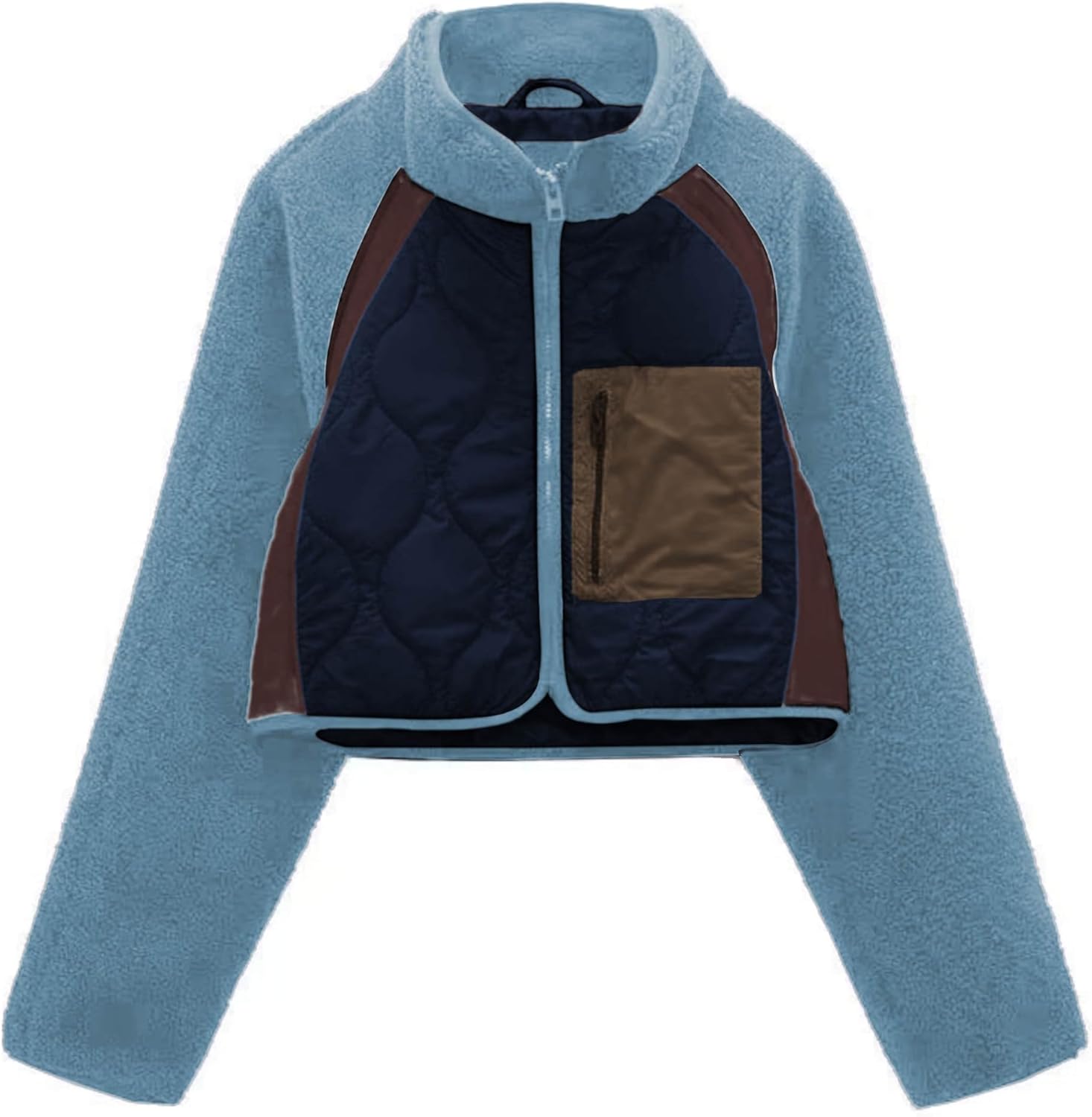 Womens Fuzzy Fleece Jacket Cropped Zip Up Long Sleeve Casual Outwear Warm Winter Patchwork Jackets - Image 6