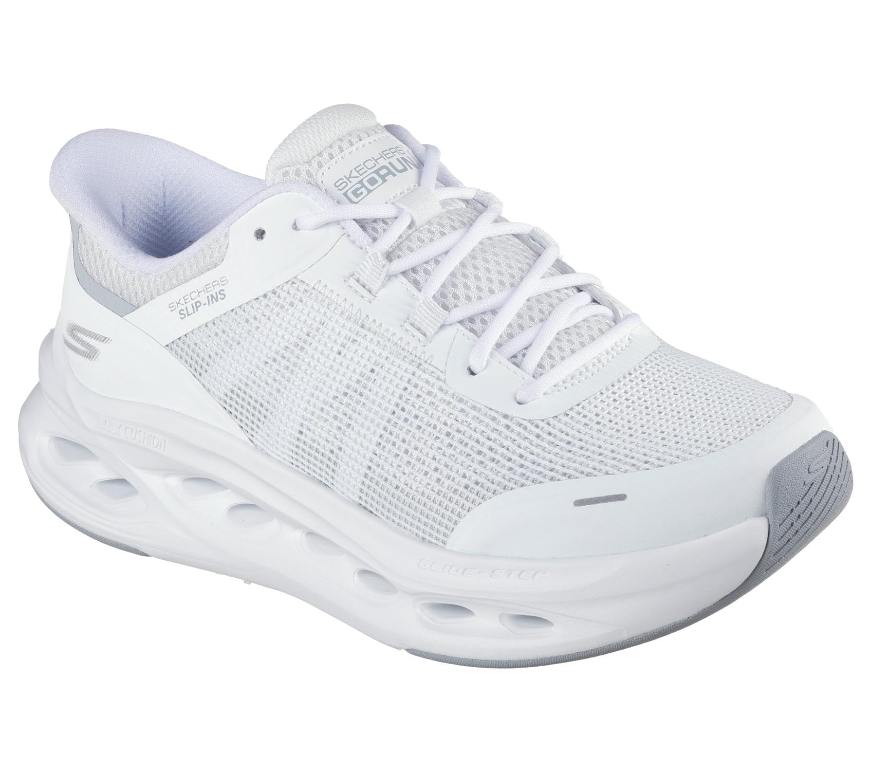 Skechers Women's Max Cushioning Glide-Step Aberdeen Slip-in Trainers, White Synthetic/Gray Trim, 4.5 UK