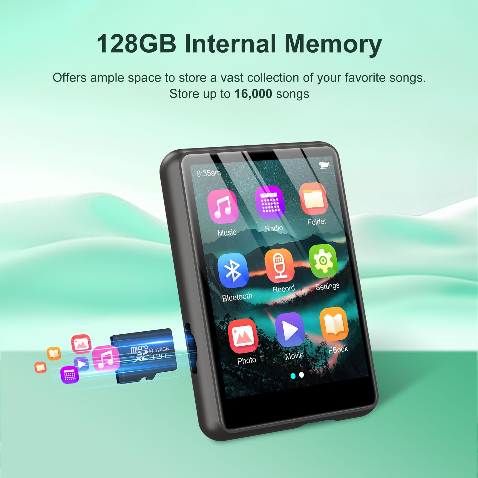 Lecteur MP3 128GB Bluetooth 5.3 ZAQE 2.4" Plein écran Tactile Portable Radio FM Enregistrement HiFi Noir