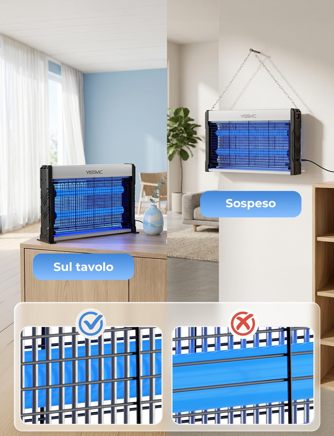 YISSVIC Lampada Antizanzare Elettrica UV LED,2M Cavo di Alimentazione,Catena Sospensione,Cassetto Raccogli Insetti Lavabile,Sicuro per Uomini e Animali,per Interni Casa