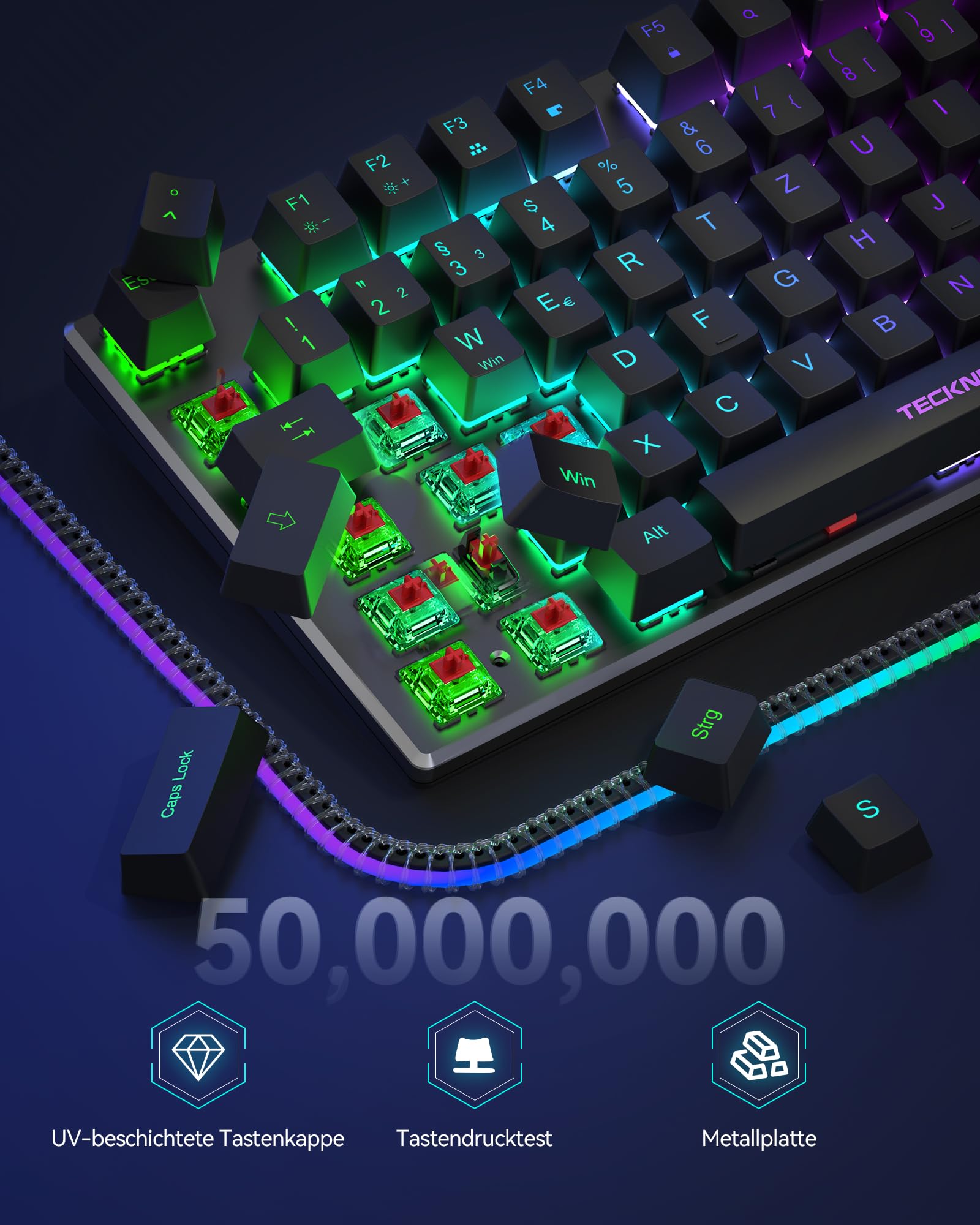 TECKNET Mechanische Gaming-Tastatur, QWERTZ-Tastatur (Deutsches Layout), roten Schaltern für Gamer & Büro, 109 Tasten kabelgebundene programmierbare Tastatur, Anti-Ghosting, 24 LED-Beleuchtungsmodi