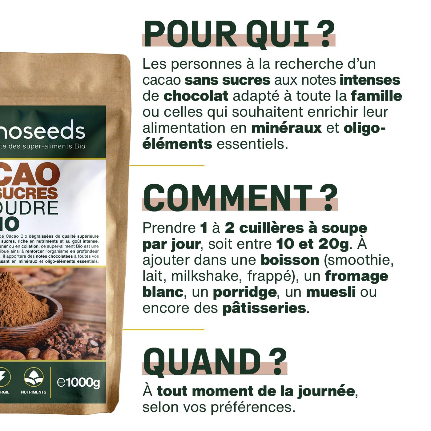 Cacao Sans Sucre en Poudre Bio 1KG | 100% de Fèves de Cacao Dégraissées Bio | Goût chocolaté intense | Qualité Supérieure