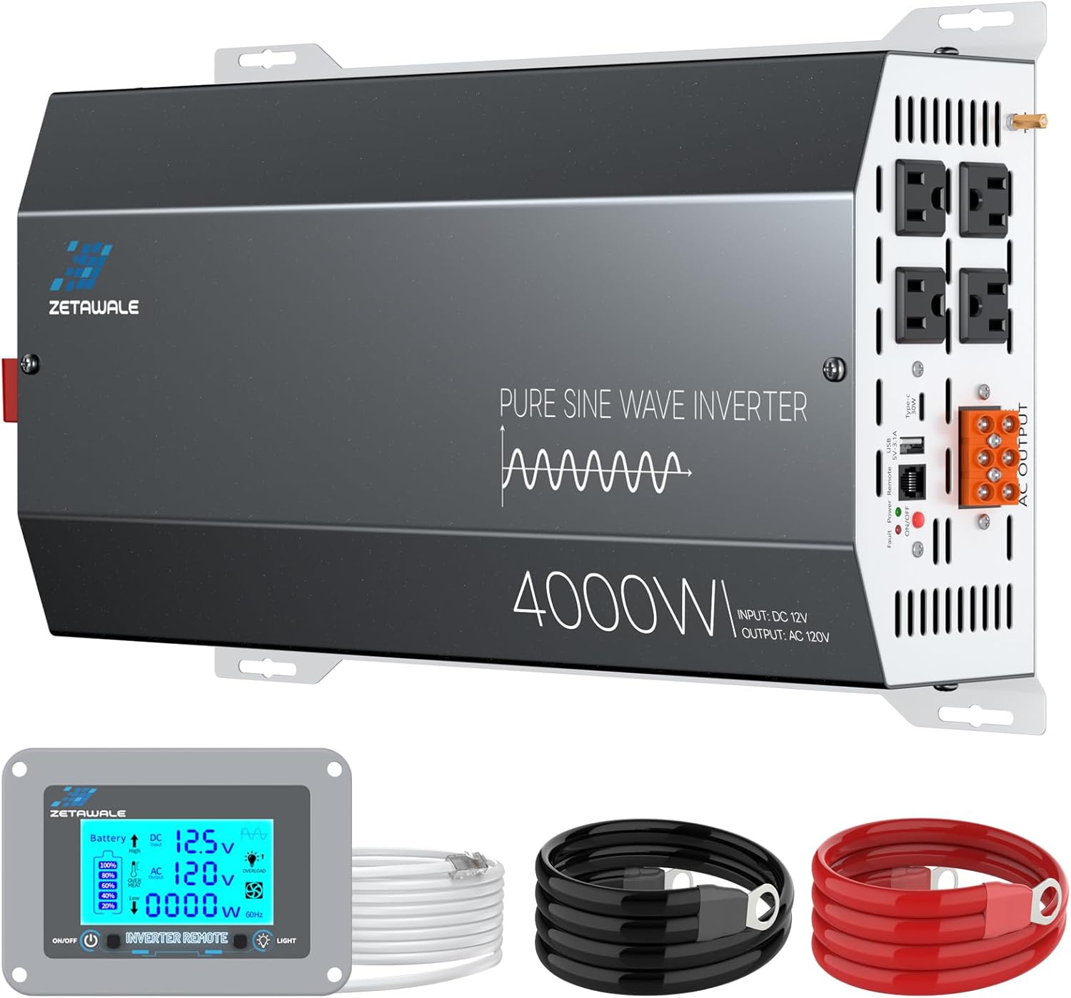 4000 Watt Pure Sine Wave Inverter 12v DC to 110v 120v AC Converter,8000W Peak Power Inverter with 4 AC Outlets,USB Port,Type-C,Remote Control LCD Display for Truck, RV, Vehicles, Solar Off-Grid 12V-4000W