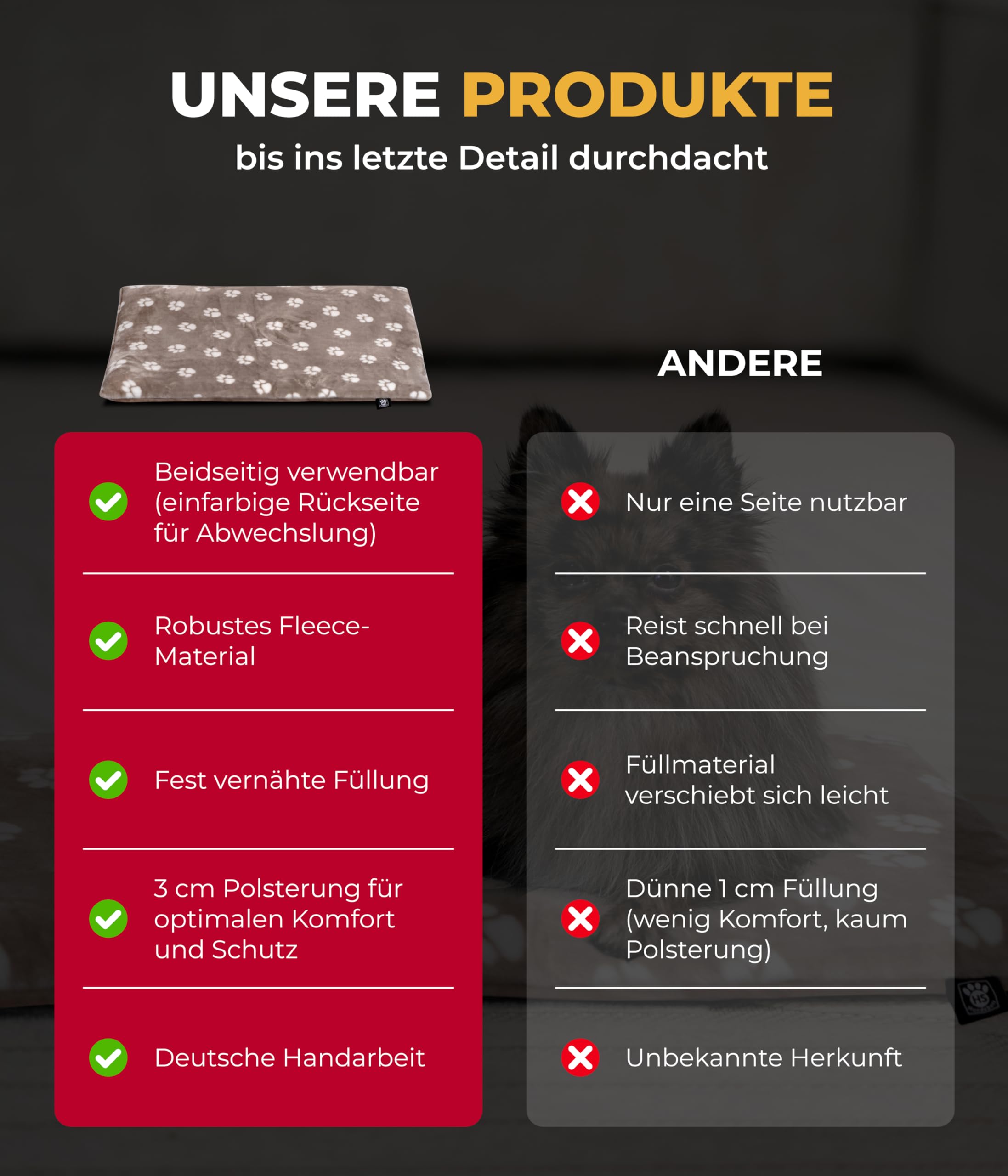 Hundedecke L (75x115 cm) – Wendbar & gemütlich Dank 3 cm Füllung – Perfekt fürs Sofa, Auto & Hundebox – Tatze Beige, Made in DE