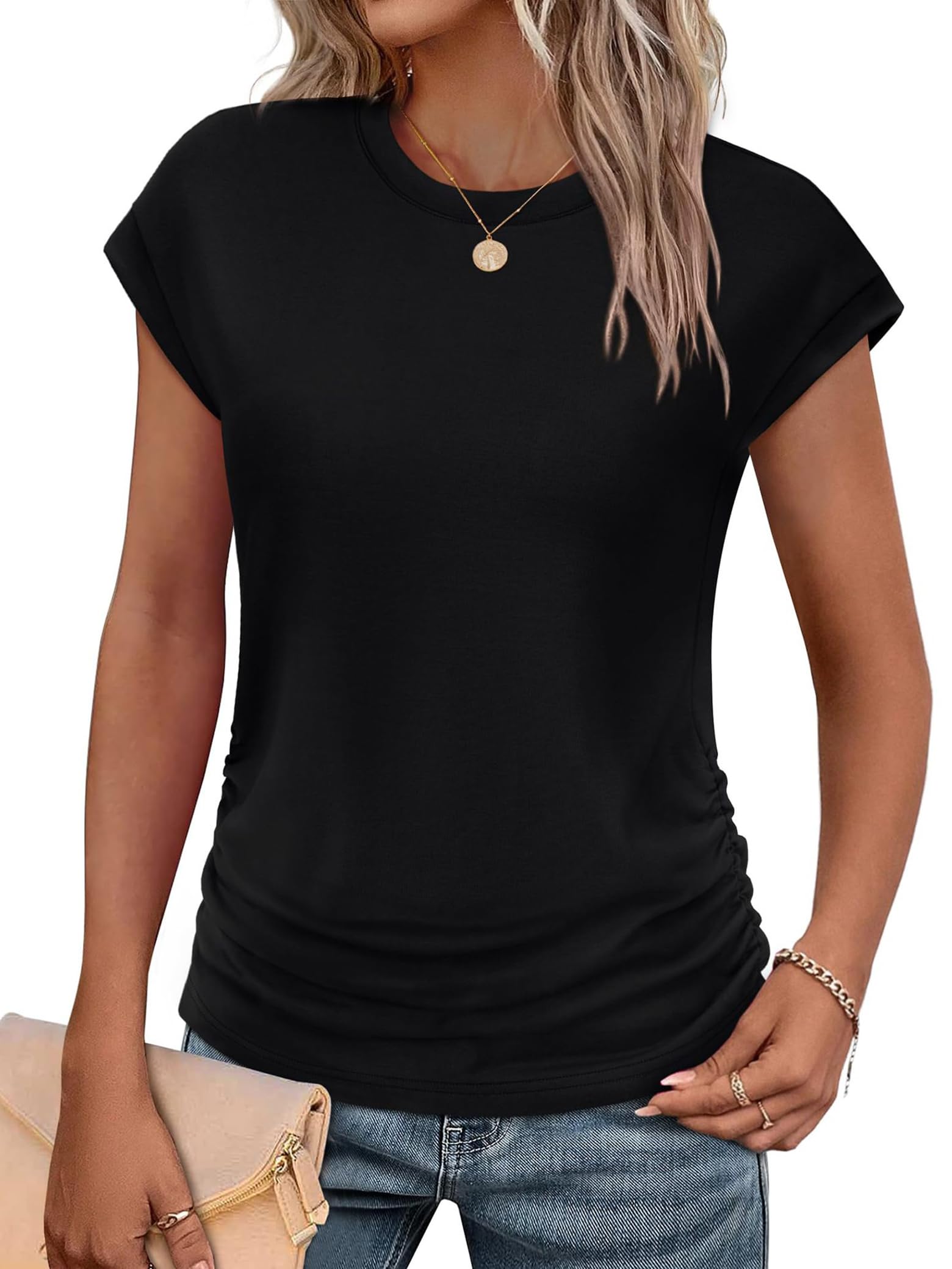 ONAYEYO Tshirt Damen Kurzarm Rundhals T-Shirt Gerüscht Casual Oberteil Basic T Shirt Bluse Sommer Einfarbig Elegant Tee Shirts Tops