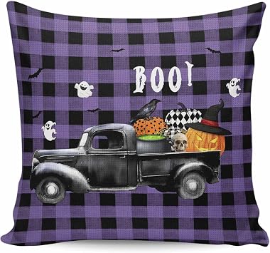 Decorative Throw Pillow Covers,Halloween Farm Truck Purple Black Bufalo Plaid Linen Square Pillow Case Cushion Cover Accent Pillowcases for Home Couch Sofa Decor,24x24 Inch,Ghost Pumpkin Crow Skull