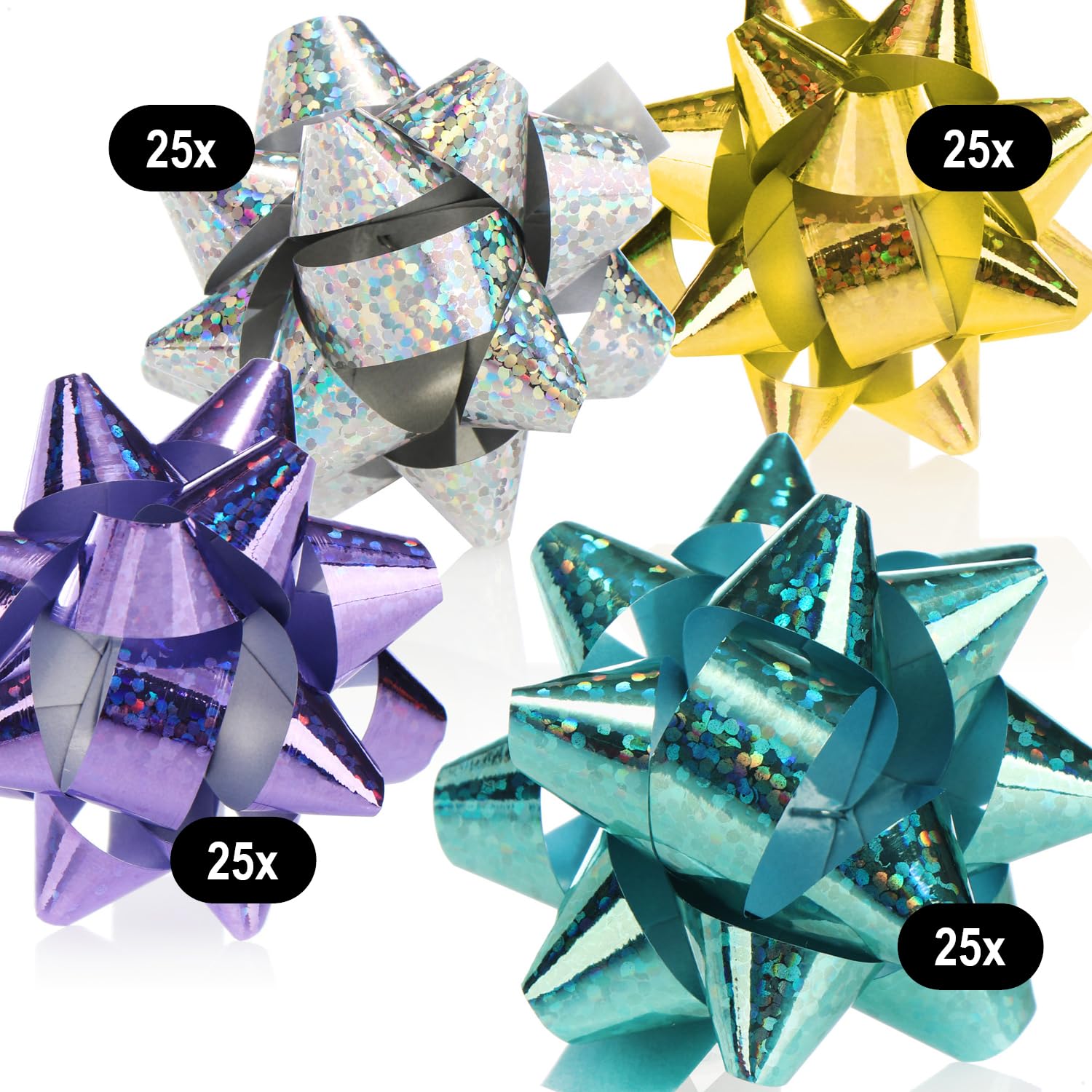 COM-FOUR® 100x Nœuds cadeaux dans de superbes couleurs - nœuds prêts à l'emploi autocollants avec paillettes - décorer (100 pièces - paillettes - 4 couleurs)