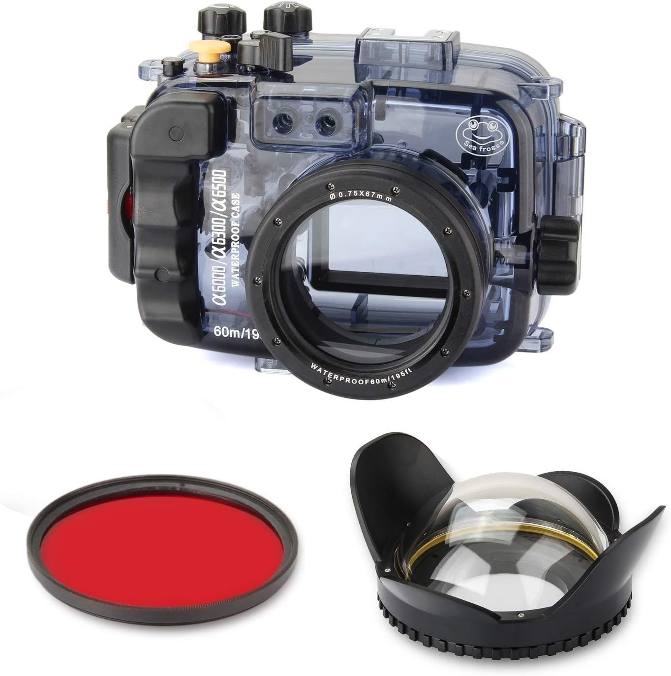 SeaFrogs Underwater Housing Case for Sony A6500 A6300 A6000+ Fisheye Lens Dome Port and Full Color Red Filter Kit, 60m/195ft Waterproof Protective Diving case