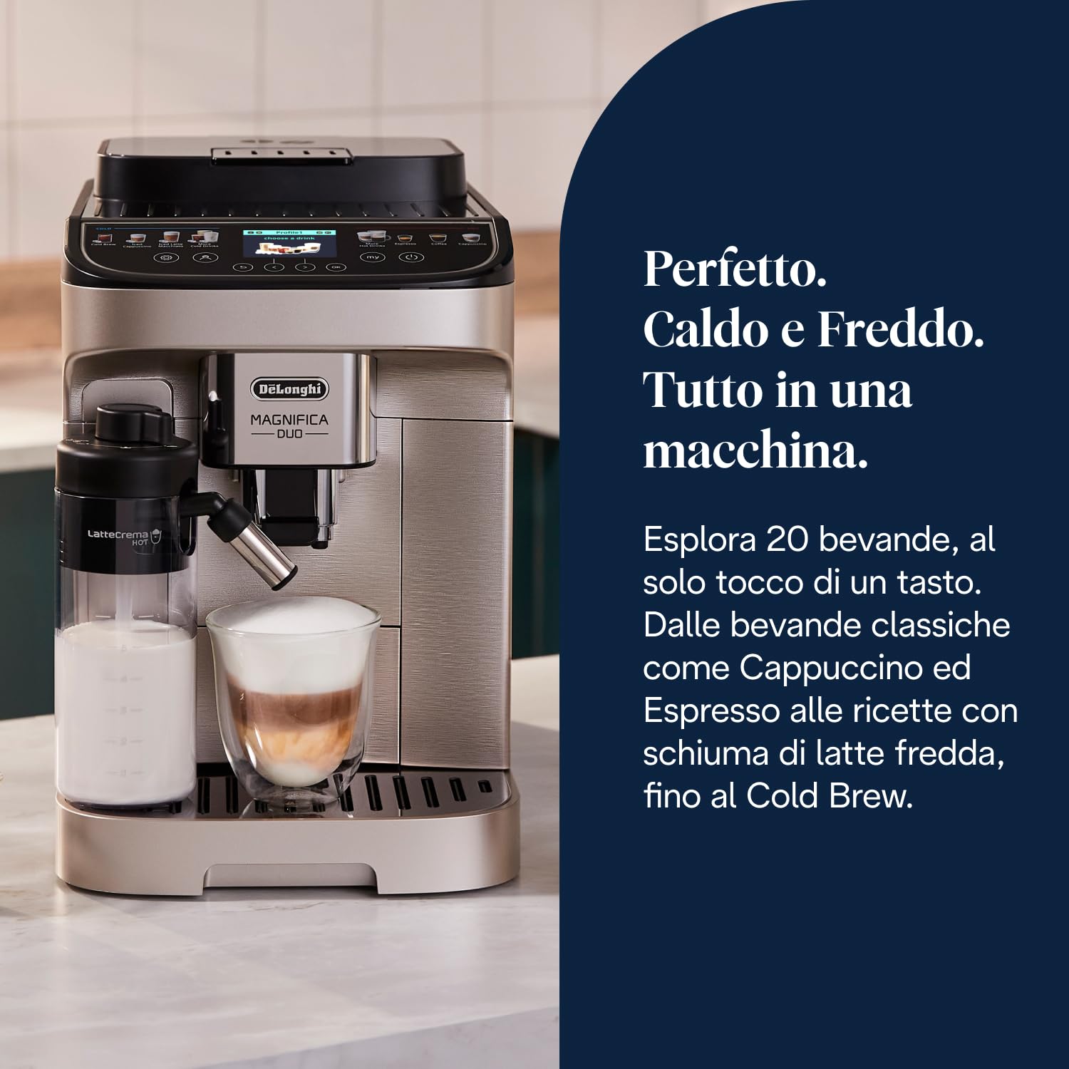 De’Longhi Magnifica Duo – Perfetto Macchina da Caffè Automatica con Montalatte Automatico LatteCrema, 20 Bevande Calde e Fredde, Display a Colori con Icone, Argento Spazzolato (ECAM332.80.SXB)