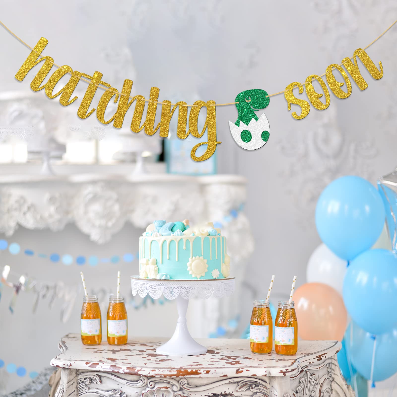 Hatching Soon Banner – Dinosaur Baby Shower Decoration, Gender Reveal Or Pregnancy Party Sign With Green Glitter, DIY Banner Kit