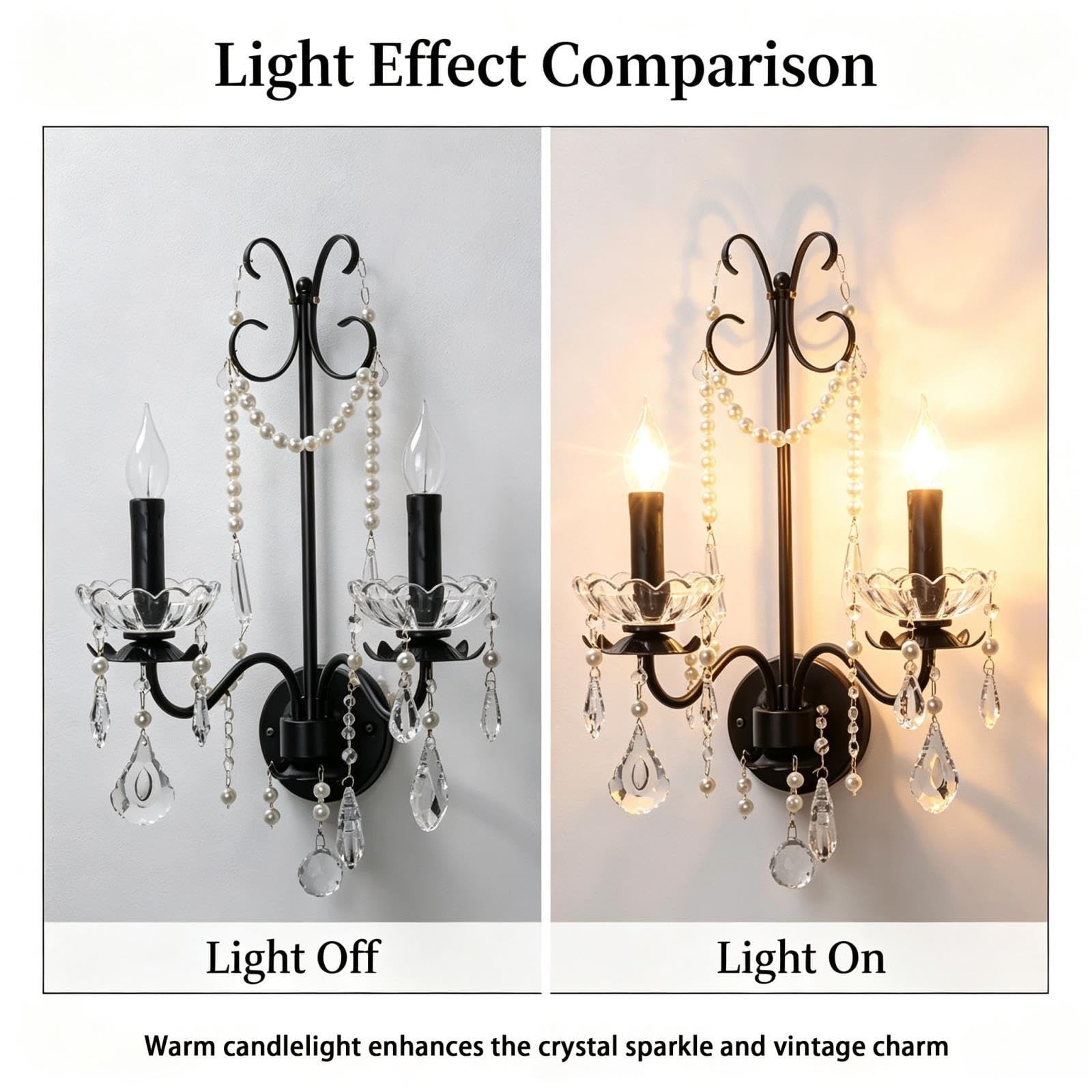 Aplique de Pared Vintage 2 Luces Perlas Artificiales Cristal Hierro