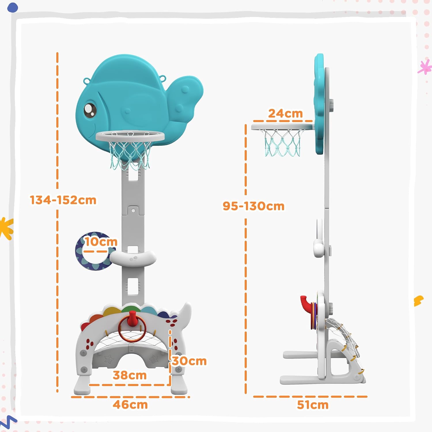 Detailed dimensions diagram of the AIYAPLAY 5-in-1 Kids Adjustable Basketball Hoop