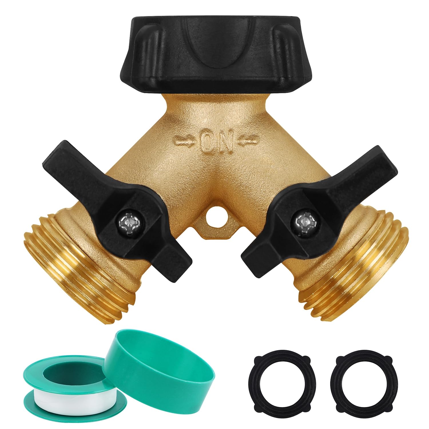 Biswing Garden Hose Splitter 2 Way, Heavy Duty Brass Connector Tap Splitter, Y Splitter 2 Valves with 2 Extra Rubber Washers