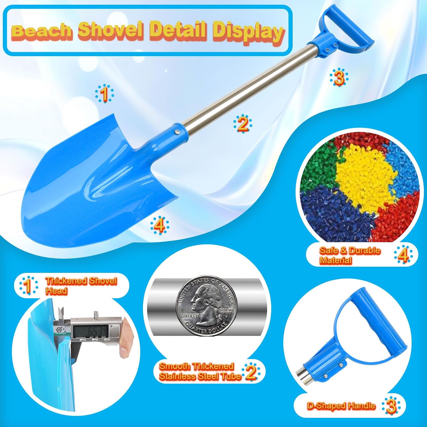 Heavy Duty Beach Shovel, 29in 3PC Thickened Metal Sand Shovel with Stainless Steel Foam Handle Non-Slip Grip Portable Sand Beach Shovel for Outdoor Sand Digging Snow Clearing Beach Activities