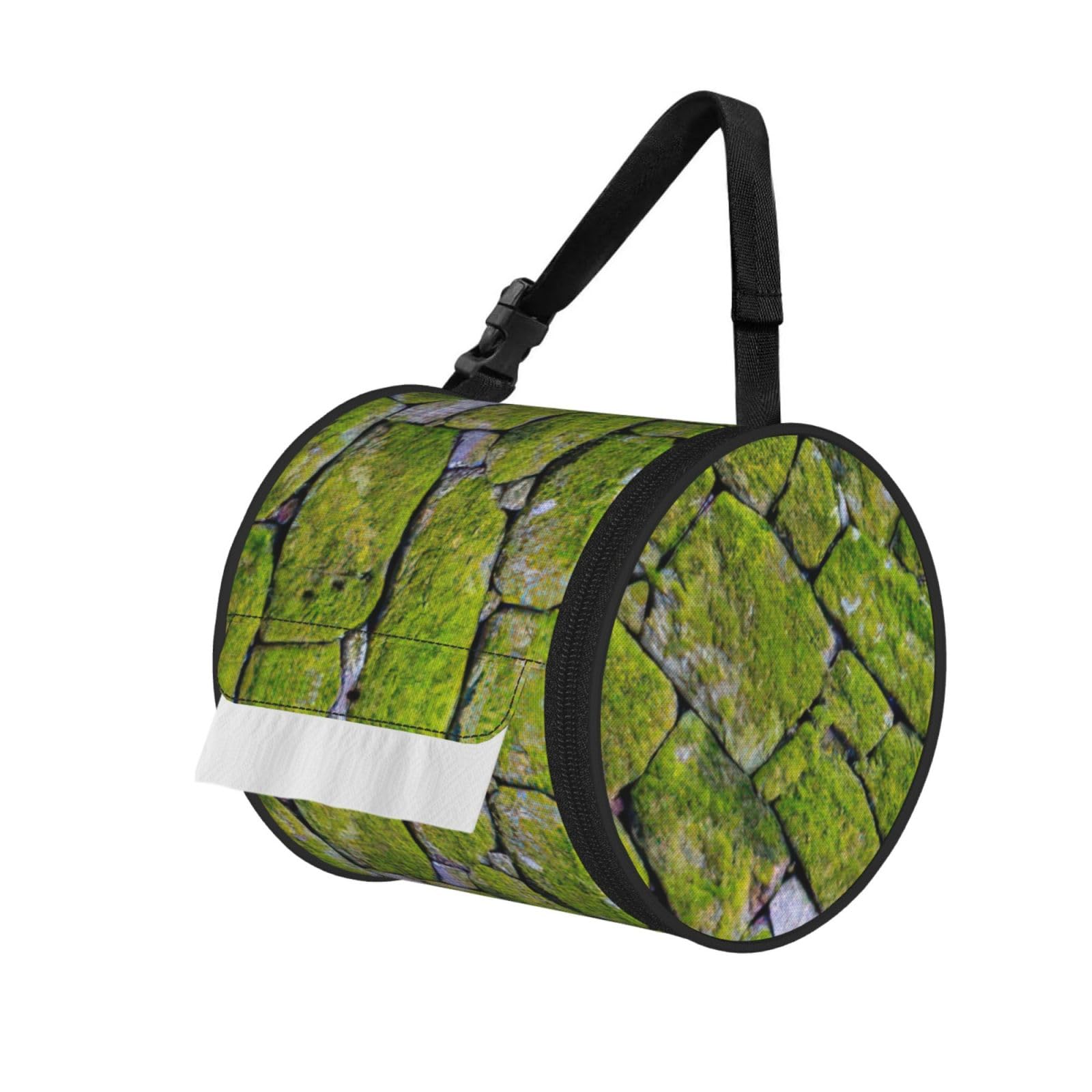 Moss Stone Pavement Print Round Tissue Dispenser Bag With Carry Strap, Portable Roll Holder For Car Travel Home