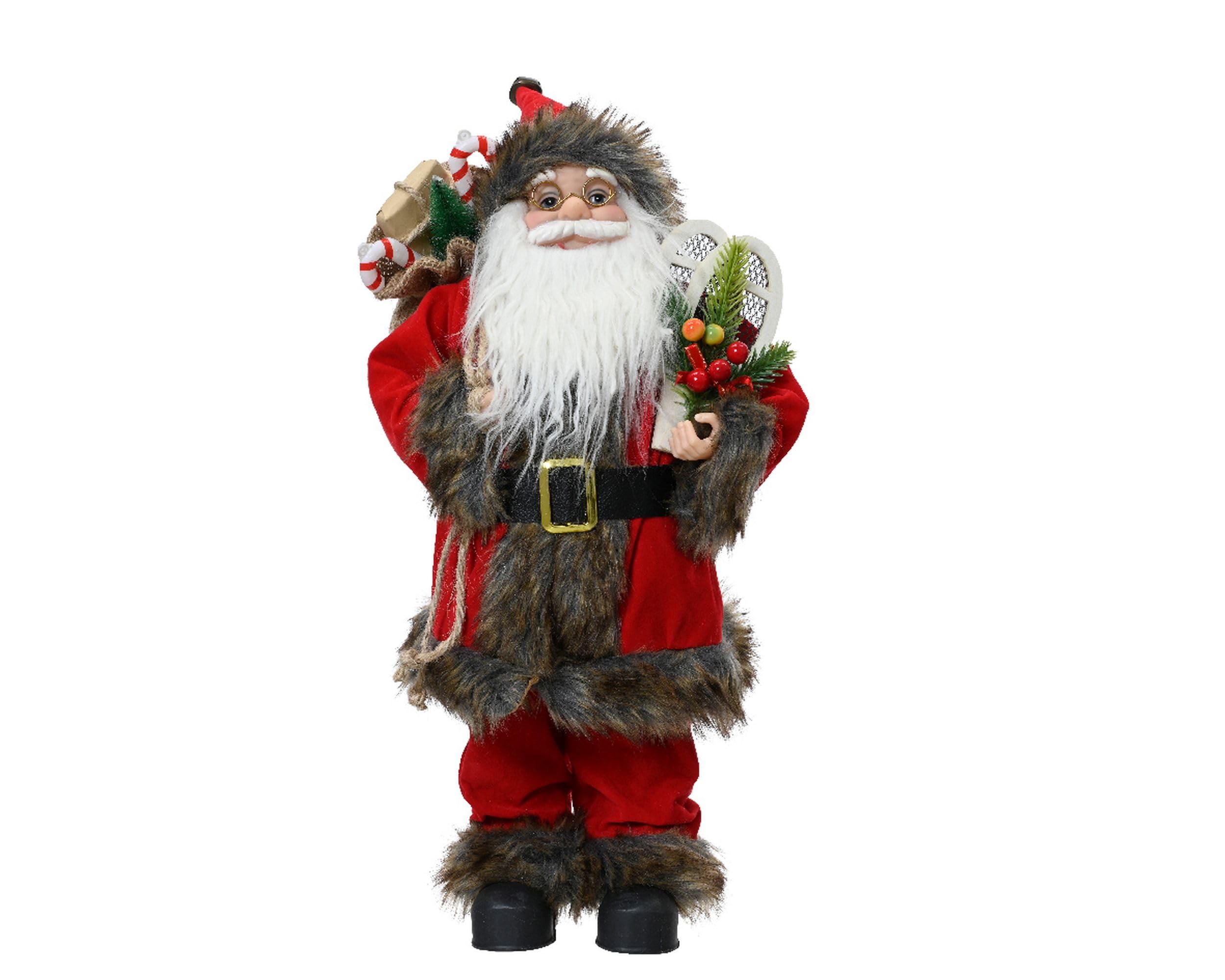 Kaemingk Père Noël debout traditionnel - Figurine de Père Noël - Figurine de Noël 60 cm - Garniture en fourrure rouge unie - Sac de maintien et raquettes à neige canadiennes - Décoration intérieure du