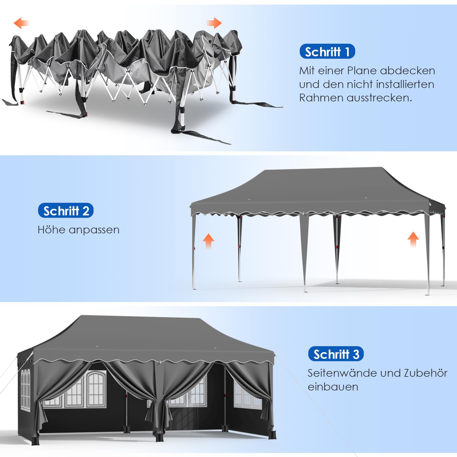 Faltpavillon 3x6 Pavillon Wasserdicht Stabil, Faltbar Gartenzelt 3x6 mit 6 Seitenwänden, Anti-UV 50+ Partyzelt Con 12 Erdhaken 6 Seile 6 PCS Sandsack,Gartenpavillon für Markt,Hochzeiten, Grau