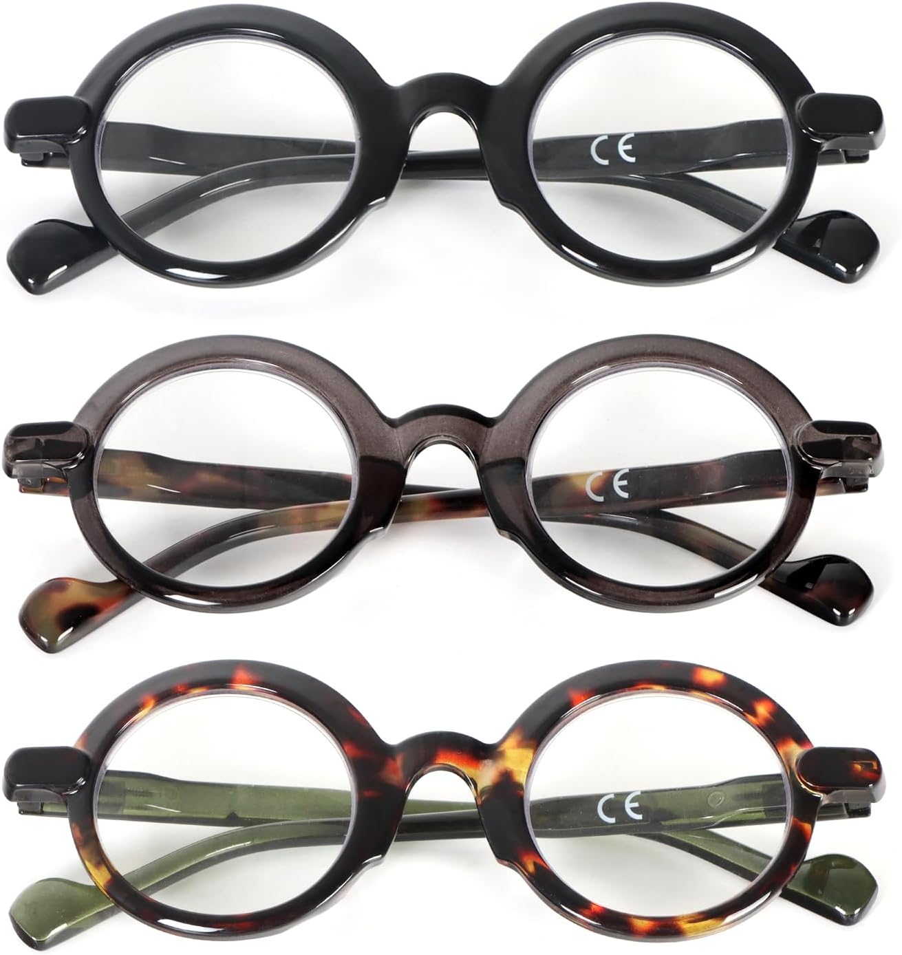 MMOWW 3 Pack Retro Round Reading Glasses for Women Men Blue Light Blocking Readers with Spring Hinges