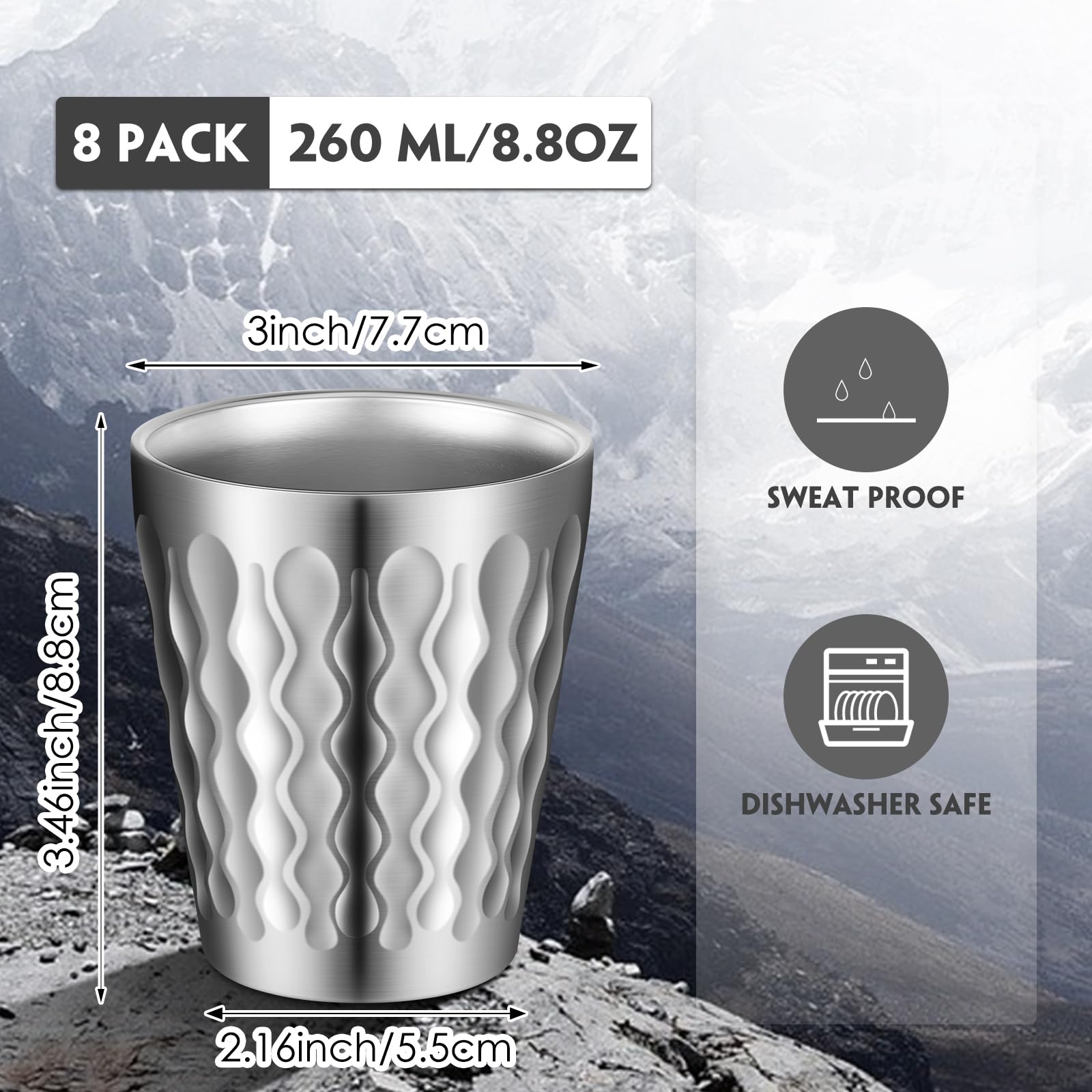 Mimorou Lot de 8 tasses à pinte en acier inoxydable – Double couche isotherme – Gobelets à eau potable pour le camping, les fêtes de bureau, les boissons chaudes et froides (argenté, 250 ml)