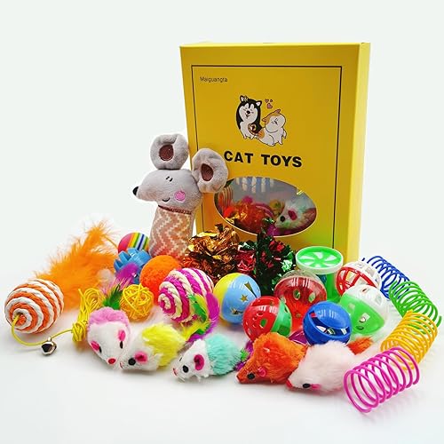 Surtido de 25 piezas de juguetes para gatos: juguete colgante para gatos, juguetes de hierba gatera, teaser de plumas, ratones, bolas y campanas