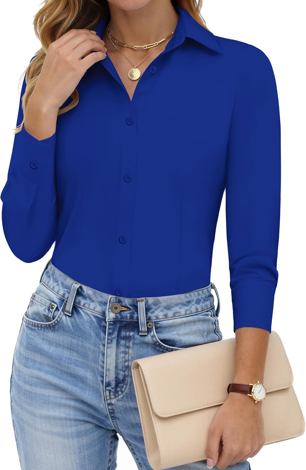 HOTOUCH Women Button Down Shirts Long Sleeve Stain Shield Dress Shirts Slim fit Work Blouses Office Business Tops - Image 2