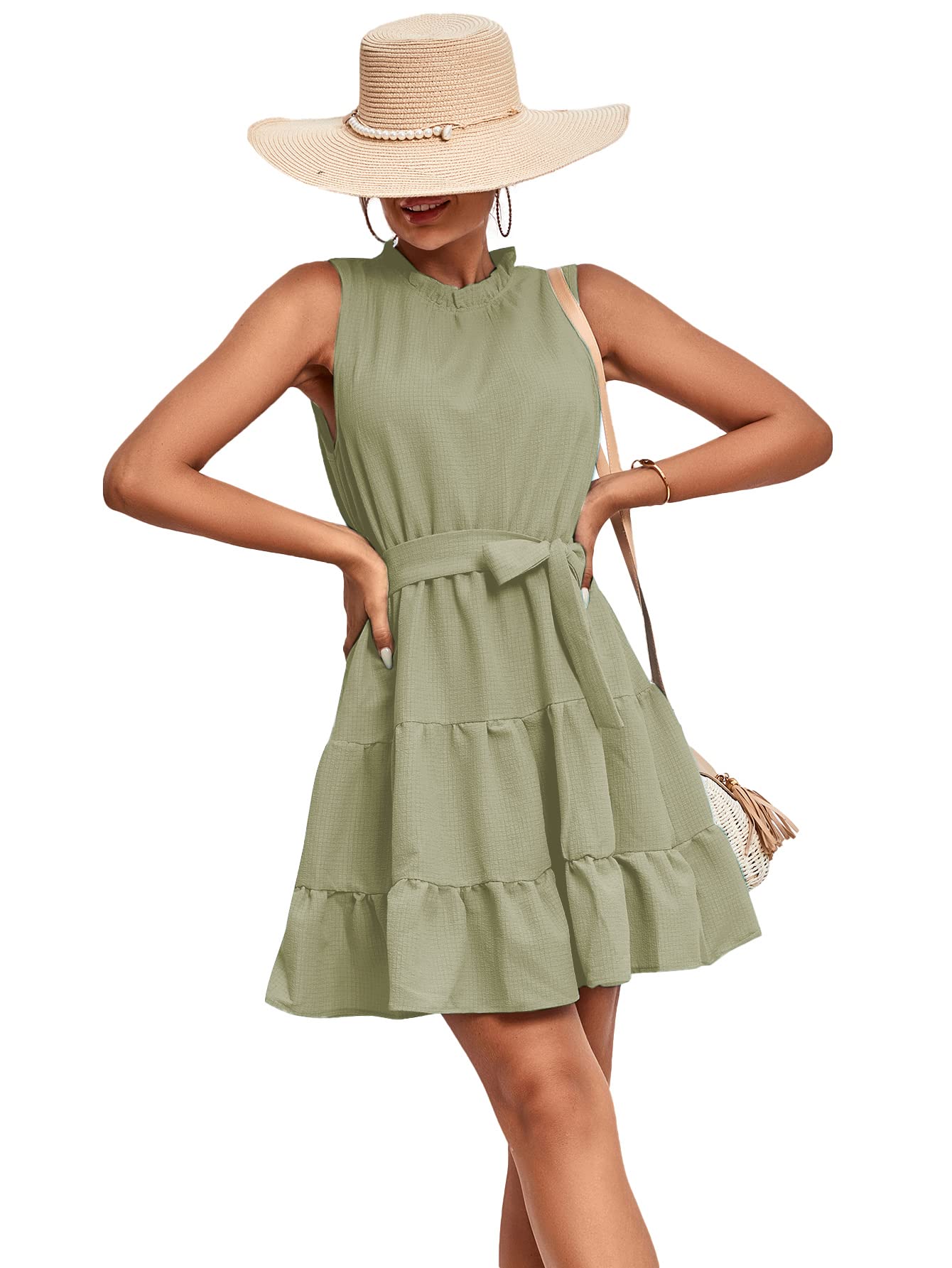 Umenlele Vestido corto para mujer, con cuello redondo, sin mangas, con nudo de corbata, cintura alta, volantes en capas, Verde guisante, M