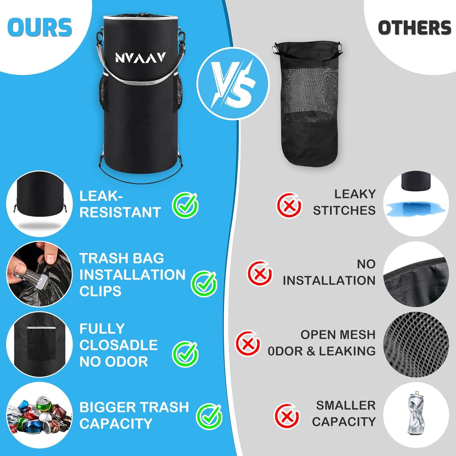 Waterproof Boat Trash Can with 6 Clips, Reusable Boat Garbage Can, Portable Pontoon Boat Accessories for Storage, Leakproof Boat Trash Bag for 10-13 Gal Garbage Bags, Boating, Camping, RV, Kayak