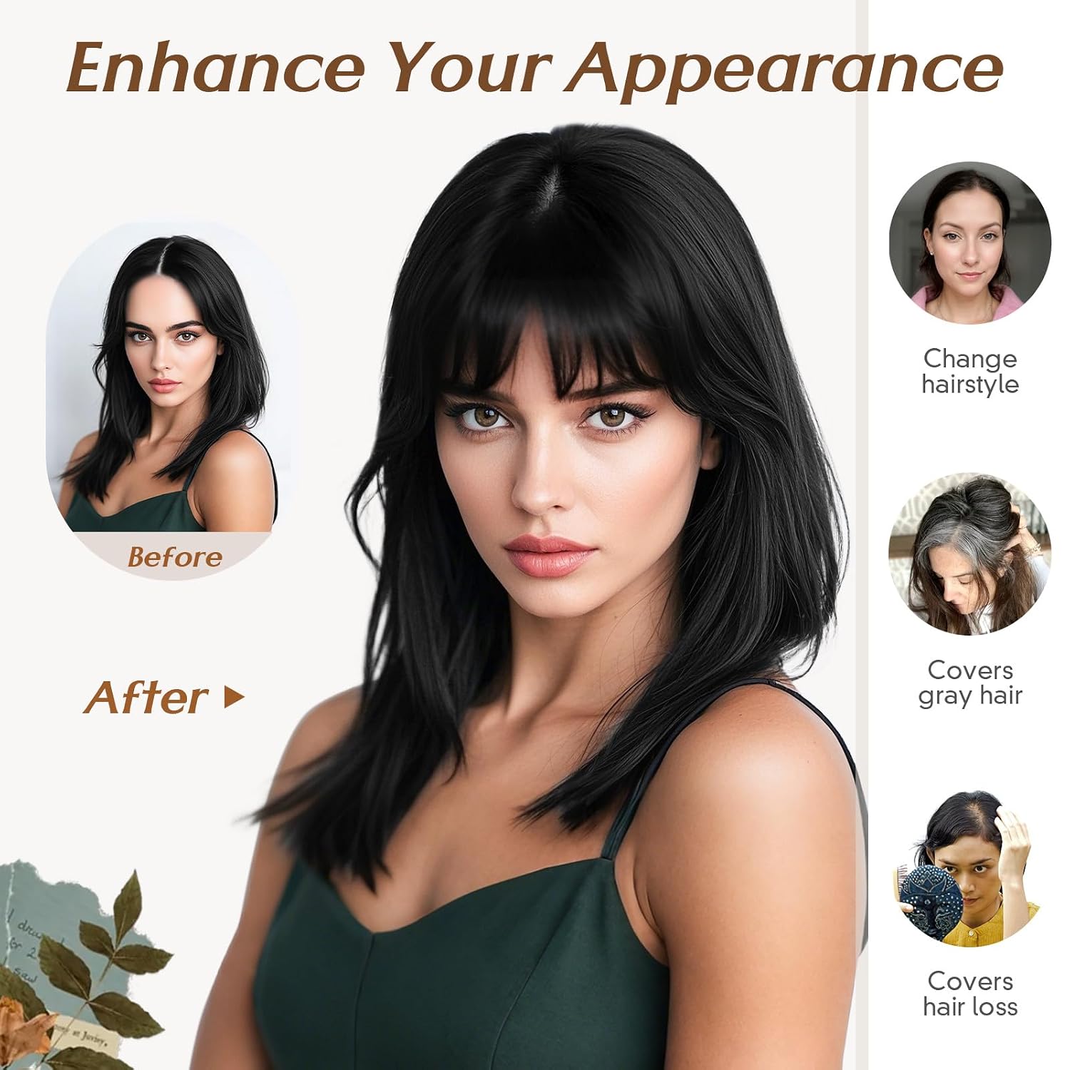 Rich Choices Hair Toppers for Women Real Human Hair 360°3D Clip in Bangs 100% Remy Human Toppers with Bang for Thinning 150% Density Upgrade Extended 2"*6"Lace Base 10 Inch #01 Jet Black