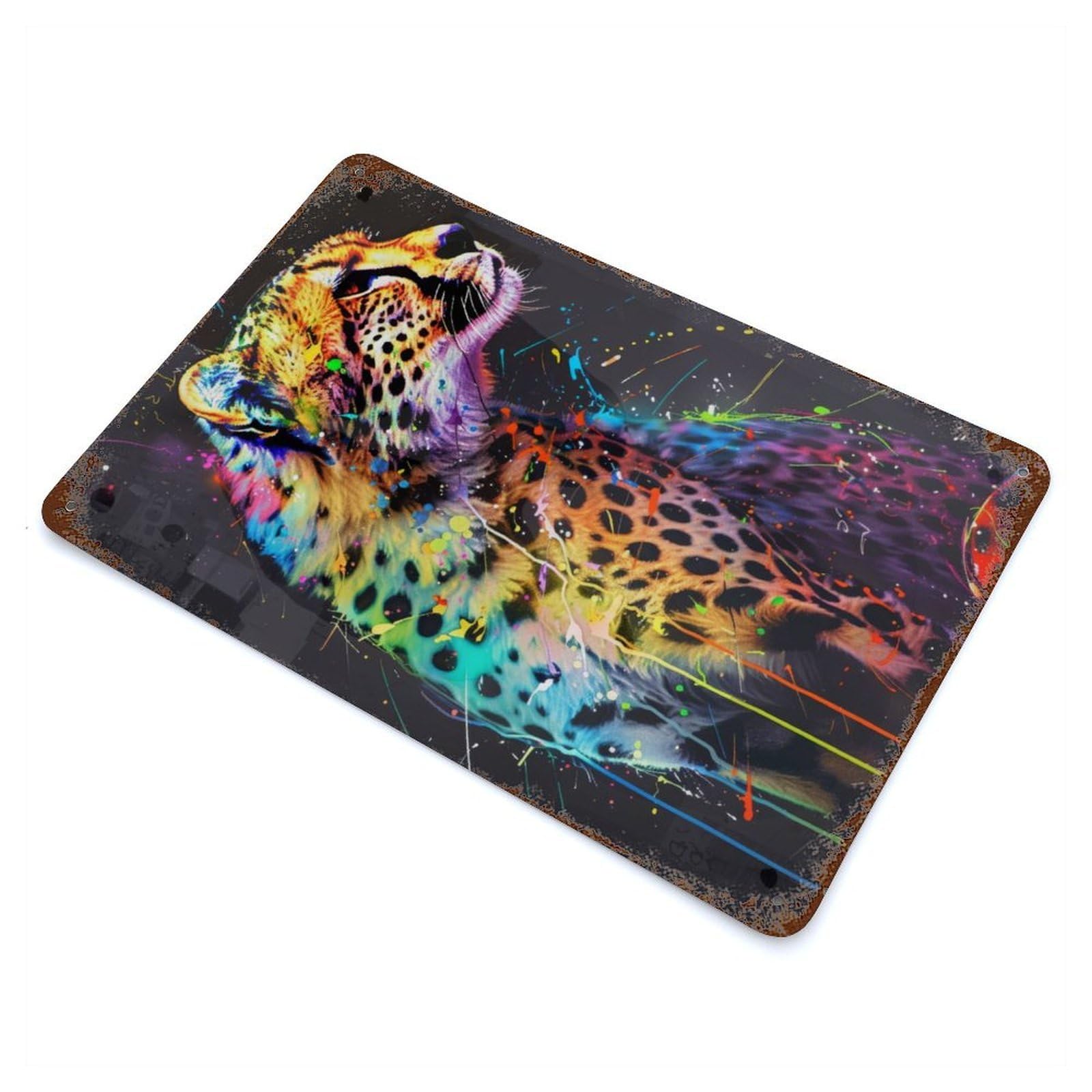 Rust Effect Cheetah Popart Painting Rusty Metal Tin Sign 11.8"x7.9", Old School Wall Decor for Basement, Hobby Room And Garage Decor