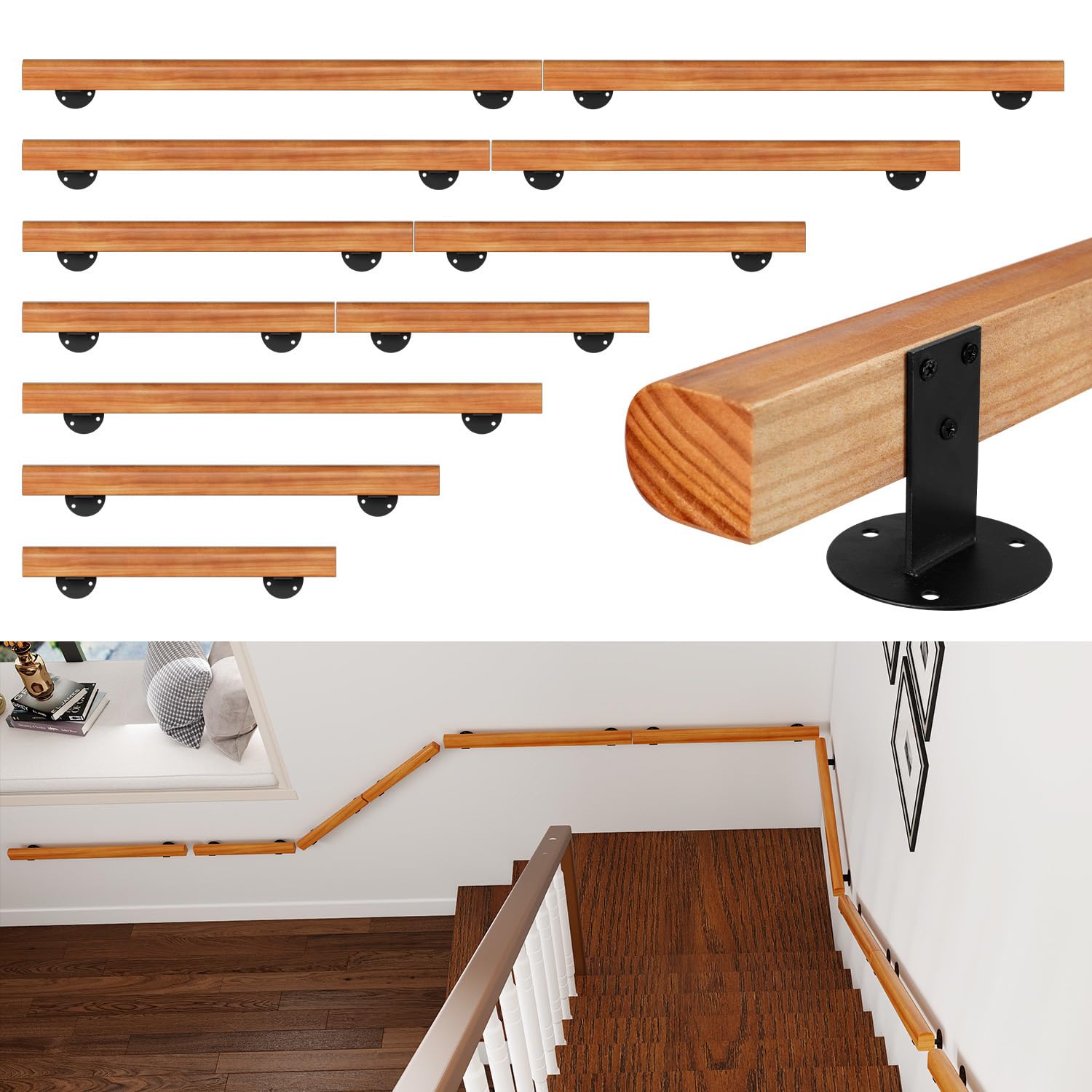Ikodm Kiefernholz Handlauf Treppengeländer 200cm Geländer für Treppe Treppe Wandhandlauf Wand Treppe seitliche Montage, Inklusive Wandhalterungen, Montagematerial, für Indoor, Halbrunde Wood