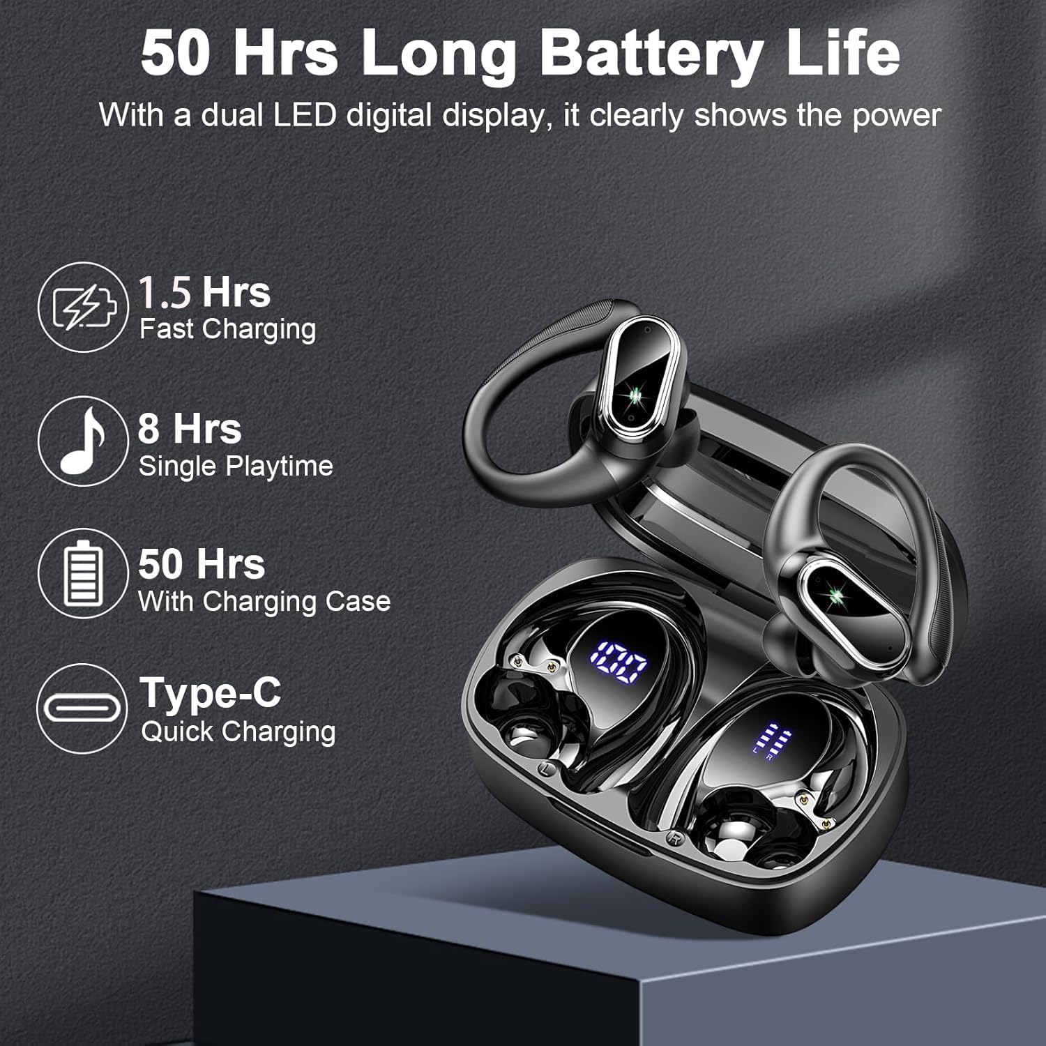 Cuffie Bluetooth Sport, Auricolari Bluetooth 5.3 Wireless con 4 ENC Cancellazione Rumore Mic, 50 Ore HiFi Stereo Cuffie Wireless, IP7 Impermeabile, Cuffiette Bluetooth con LED Display, USB-C, Nero