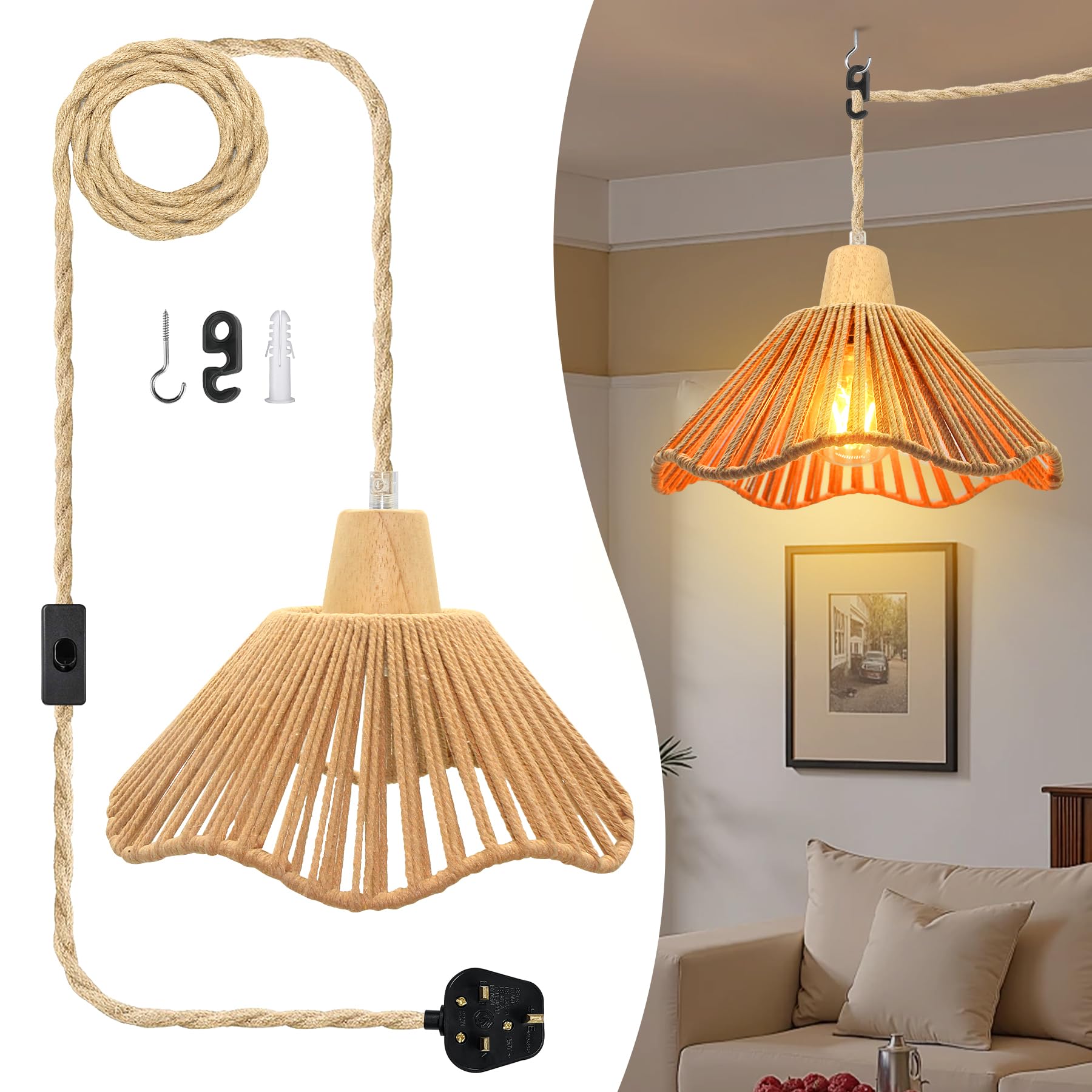 LAKONEI Plug in Pendant Light with Boho Hemp Lampshade, UK Plug Hanging Ceiling Lamp with On/Off Switch, E27 Vintage Braided Rope Lights, 5.1m Adjustable Hemp Cord Light Fixture for Farmhouse