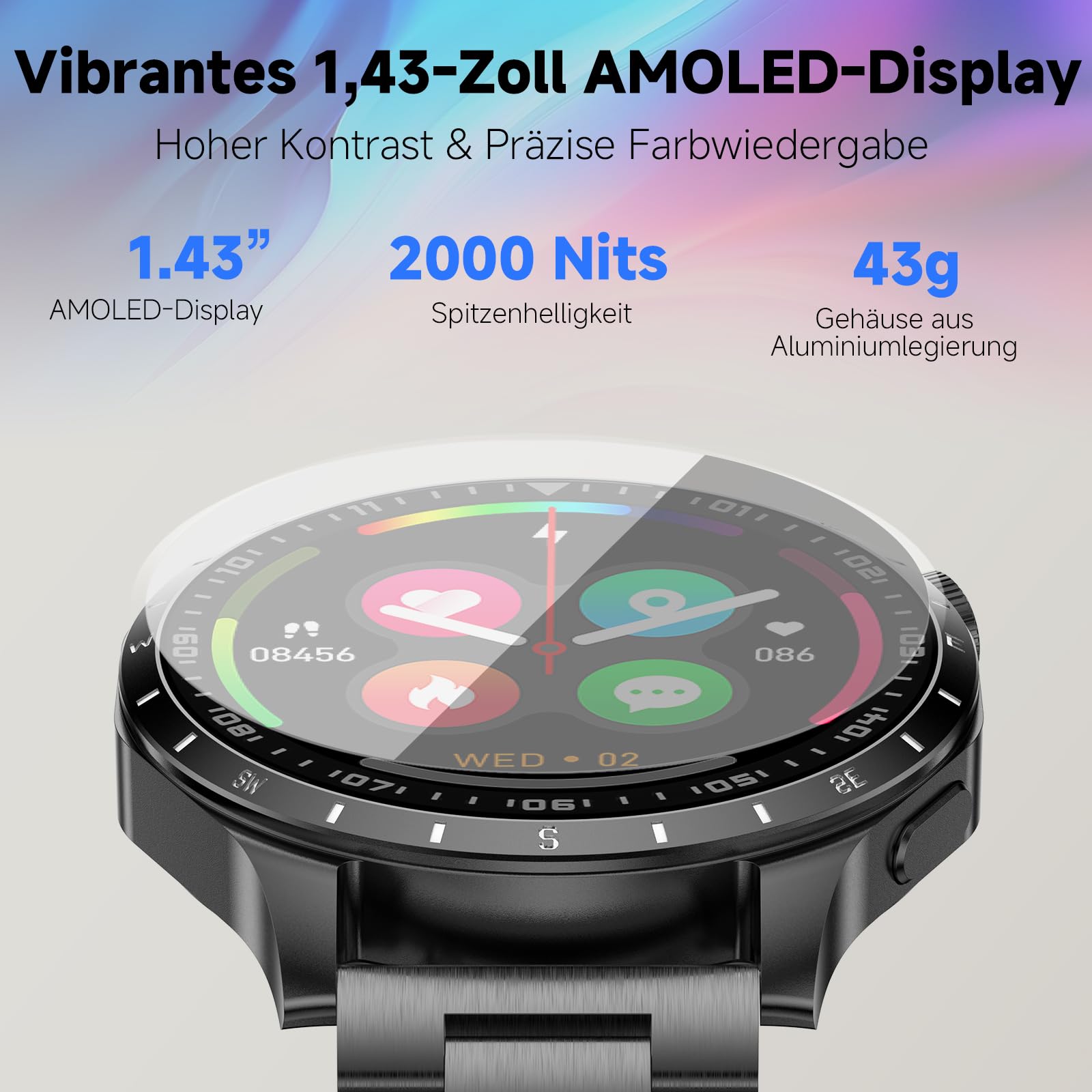 Smartwatch Herren GT 5 44mm Smart Watch,1,43" AMOLED GPS & kostenloses Kartenmaterial, 7 Tage Akku, Fitness Tracker mit 100+ Sportmodi, Wasserdicht für Android & iPhone