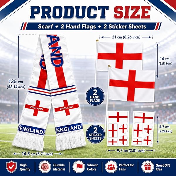 England Fan 5-Piece Set Scarf Flags Tattoos, World Cup 2026 Merchandise, Perfect to Match Your England Football Shirt for Men Women Boys Girls Pub Stadium - 2