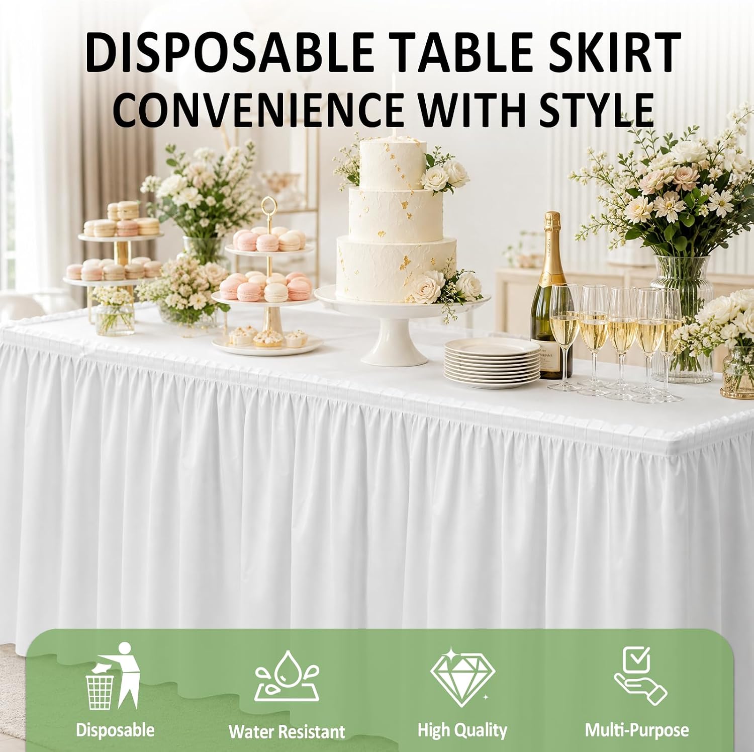 3 Pack White Table Skirt 29 in x 14 ft Self-Adhesive, Disposable Plastic Table Skirts for 6ft 8ft Rectangle & Round Tables for Wedding, Baby Shower, Banquet & Reception
