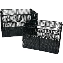 Stow & Bloom Black Woven Storage Baskets with Handles Set of 2 Rectangular Plastic String Organizer for Shelves Closet Living Room Black