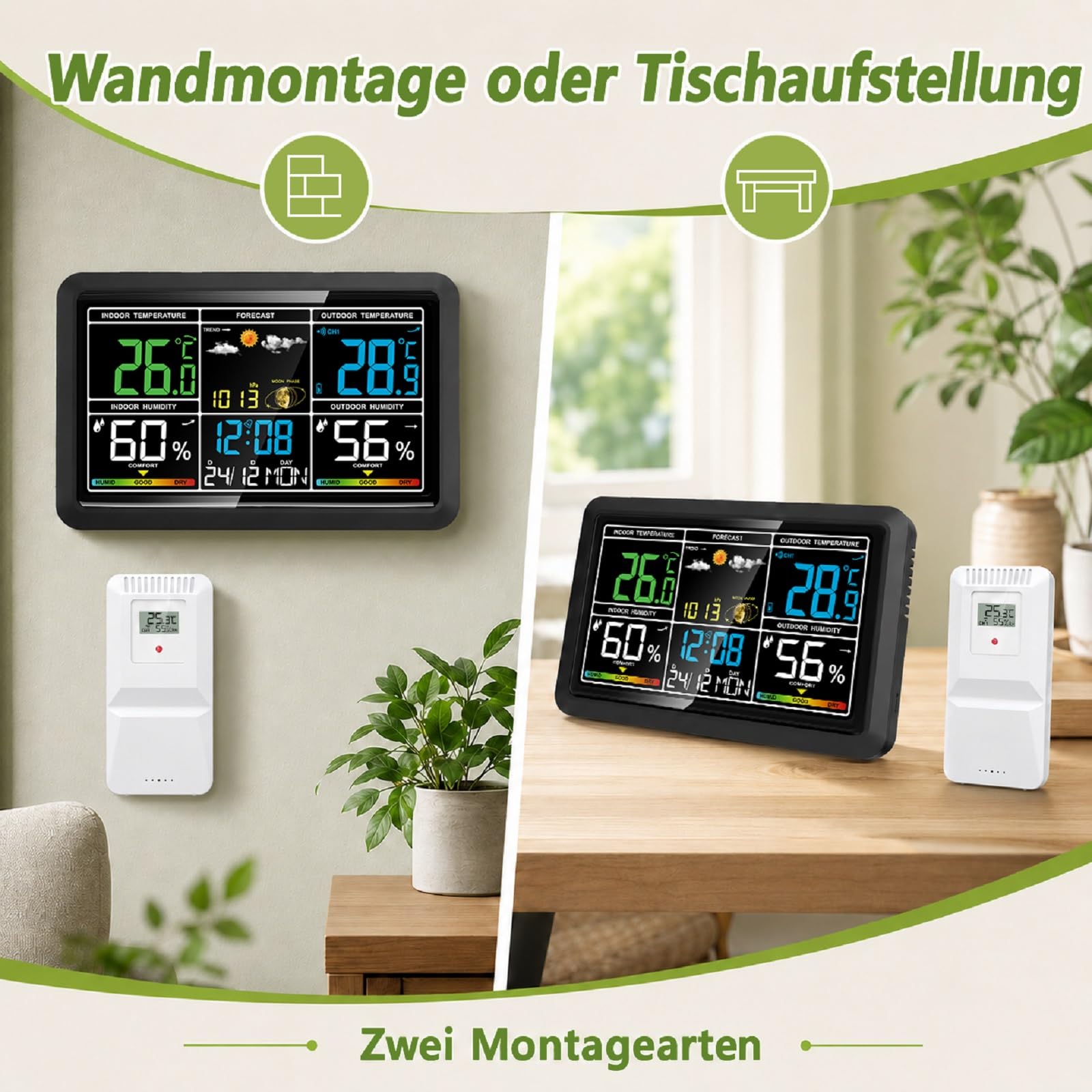 Wetterstation Funk mit Außensensor, Innen- und Außentemperatur, Luftfeuchtigkeit, Wettervorhersage, Luftdruck, Mondphase, Wecker mit Schlummerfunktion, für Wohnzimmer, Schlafzimmer und Garten.