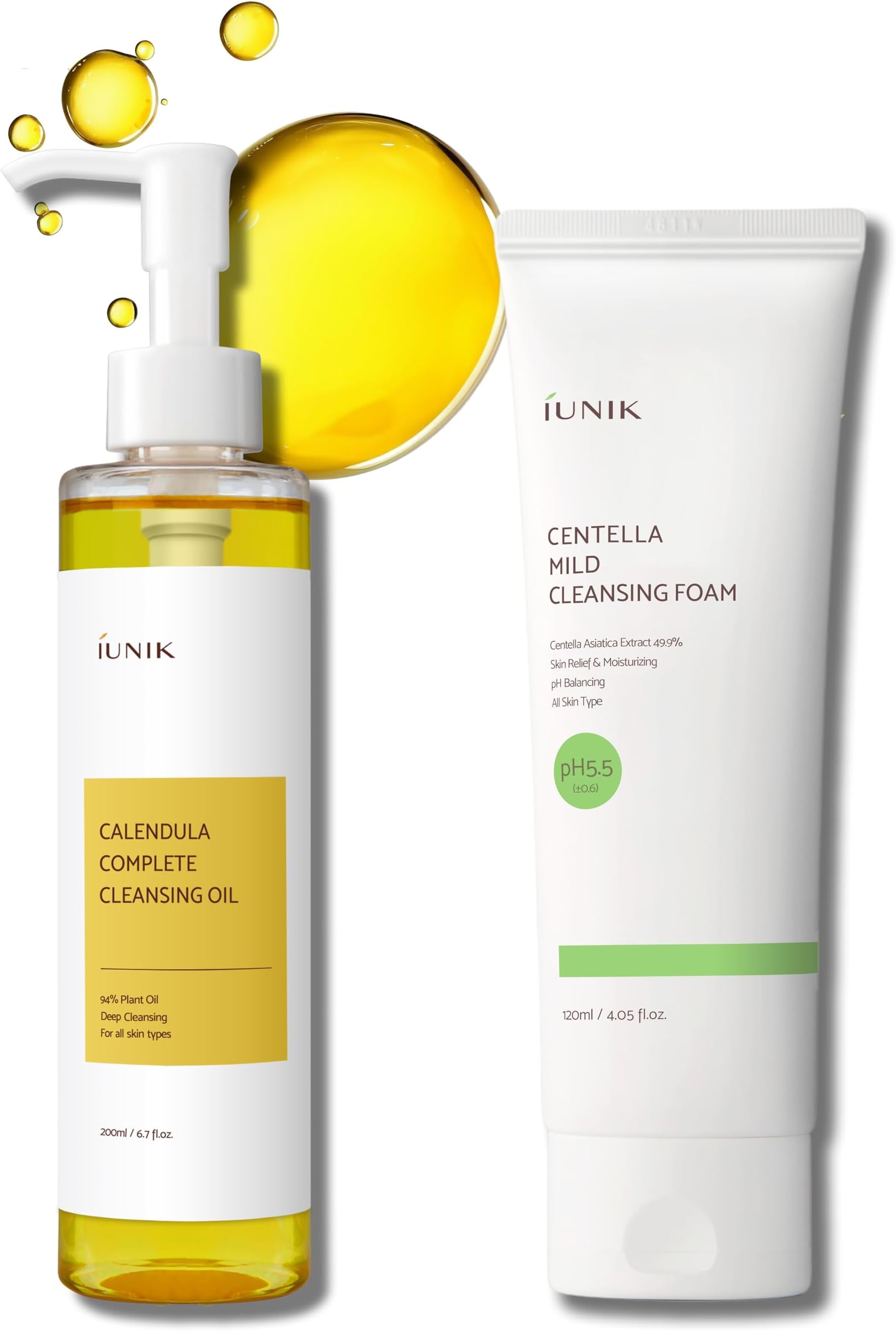 IUNIK Calendula Jojoba Oil Cleanser Gentle Makeup Remover Pore Cleansing Oil & Centella Mild Facial Foaming Cleanser Non-stripping pH balancing Moisturizing Double Cleansing Kit Korean Skincare