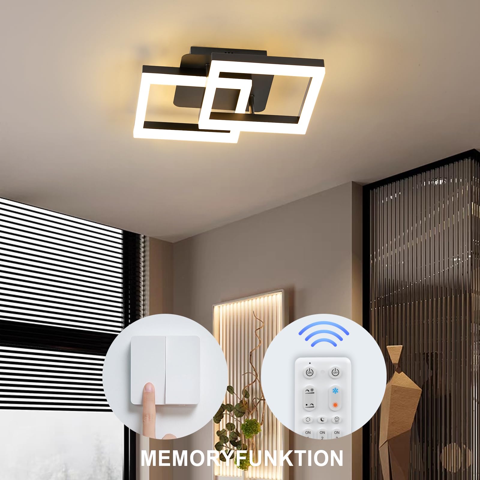 ANTENLICHT Plafoniera LED Soffitto Moderna 20W Dimmerabile con Telecomando 3000-6500K, Funzione di Memoria, Lampada da Soffitto per Camera da letto Sala Cucina Corridoio, Nero 44x28x10cm