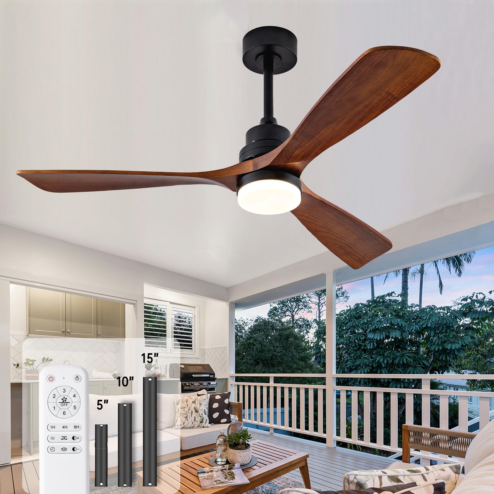 Photo 1 of Ceversa 52 Inch Ceiling fans with Lights and Remote,Wood Outdoor Ceiling Fan for Patios with Dimmable LED Light,3 Blades Walnut,Noiseless Reversible DC Motor,Modern Fan for Indoor,Farmhouse
