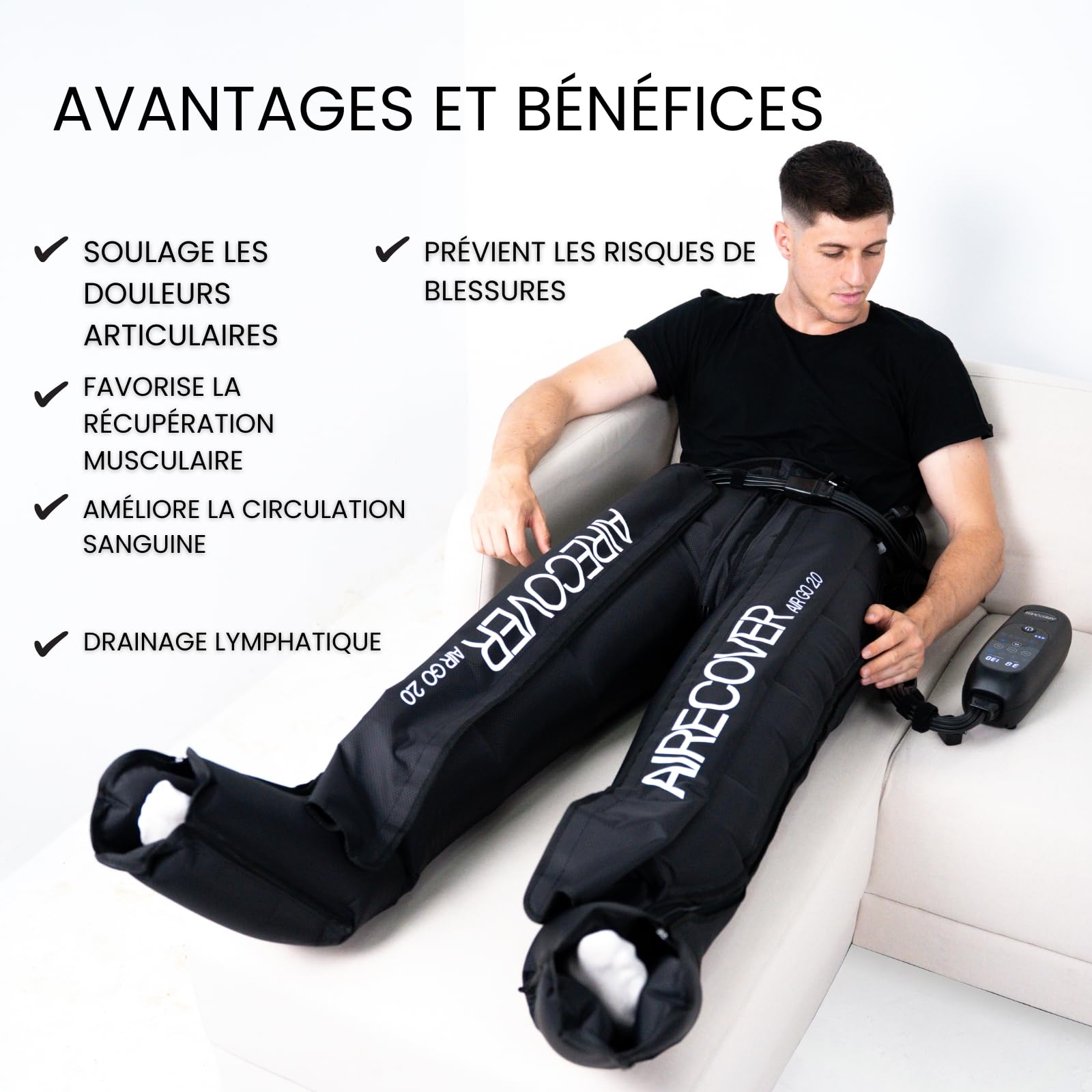 Pantalon Pressothérapie sans fil, Drainage Lymphatique, 6 chambres d’air, 30–250 mmHg, 4 modes, batterie 3h, pour douleurs et jambes fatiguées