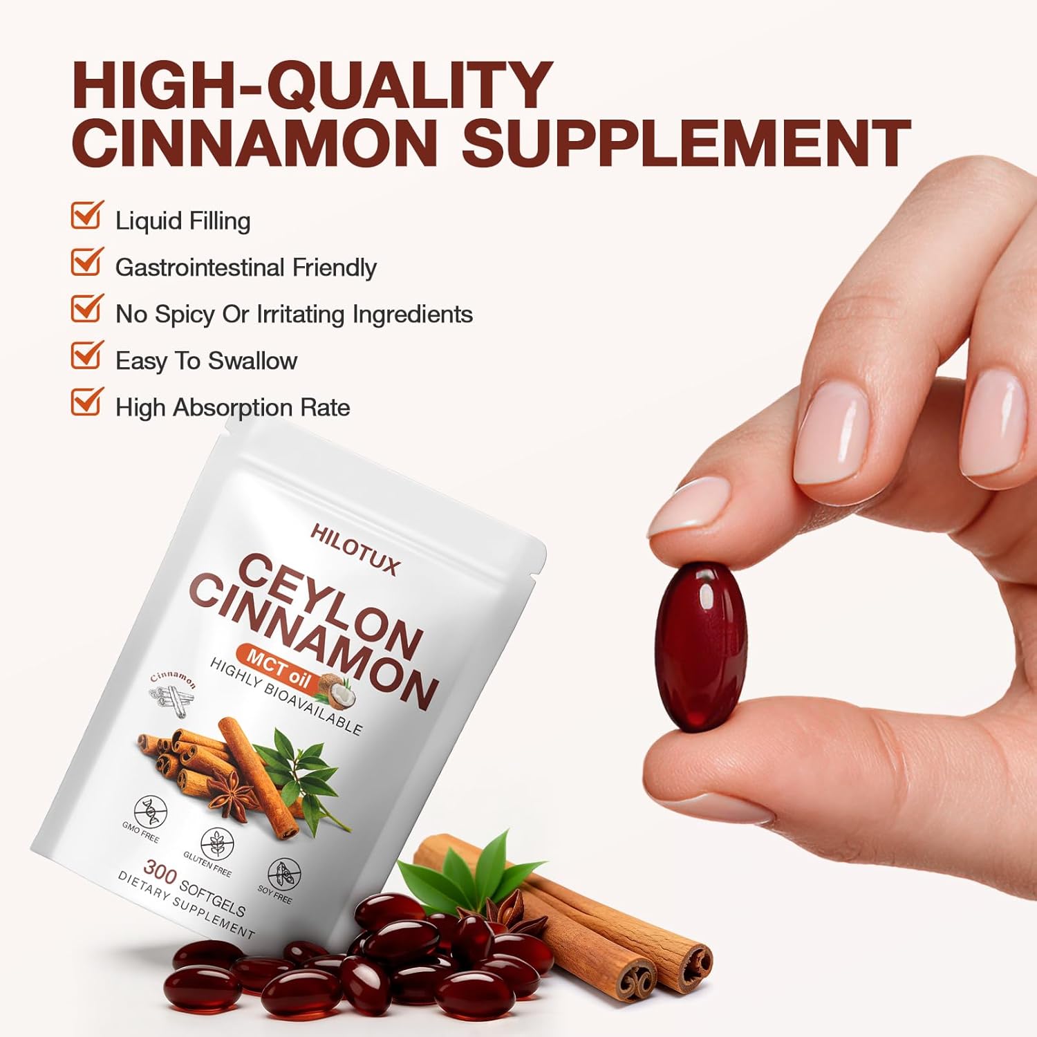 Sri Lanka Sourced Ceylon Cinnamon Softgels with MCT Oil, 300 Count, Ceylon Cinnamon Capsules Superior Bioavailability, Low Coumarin, Gluten & Soy Free, Natural Energy & Sugar Support for Men & Women