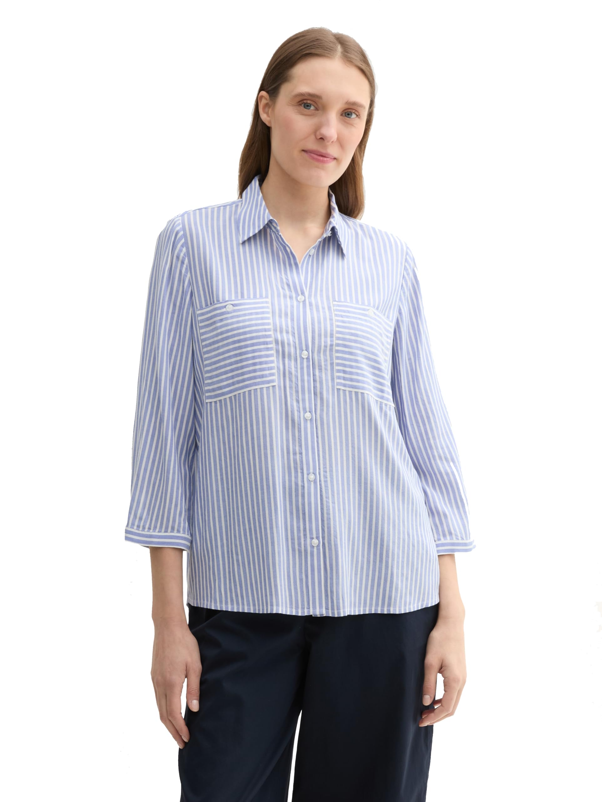Tom Tailor Damen 1043198 Longstyle Bluse mit Streifen & Brusttasche