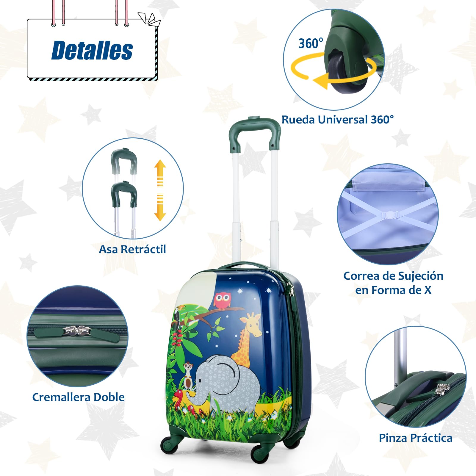 RELAX4LIFE Juego de 2 Maletas para Niños con 4 Ruedas Giratorias 360°, Maleta de Viaje Infantil con Mango Ajustable, Doble Cremallera y Película de PC, Regalo para Niños (Modelo 1)