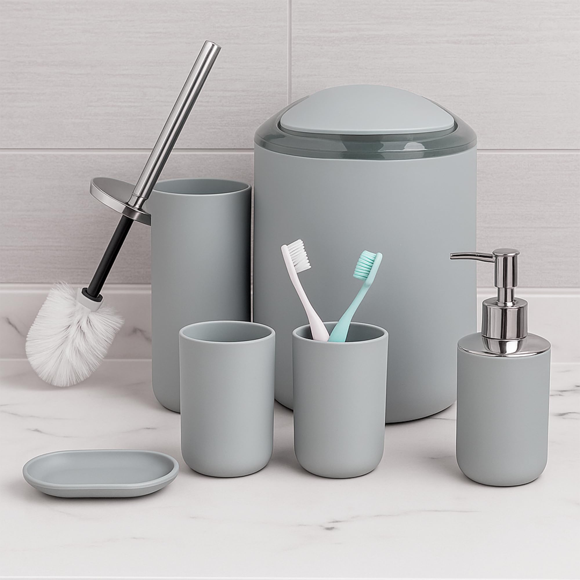 6 Pieces Bathroom Accessories Set, Plastic Bathroom Accessory, Bathroom Essentials Set, Modern Plastic Bath Set with Soap Dispenser, Toothbrush Holder Cup, Bathroom Bin and Toilet Brush