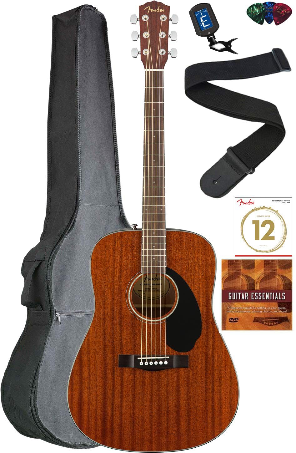 FenderCD-60S Solid Top Dreadnought Acoustic Guitar - All Mahogany Bundle with Gig Bag, Tuner, Strap, Strings, Picks, and Austin Bazaar Instructional DVD