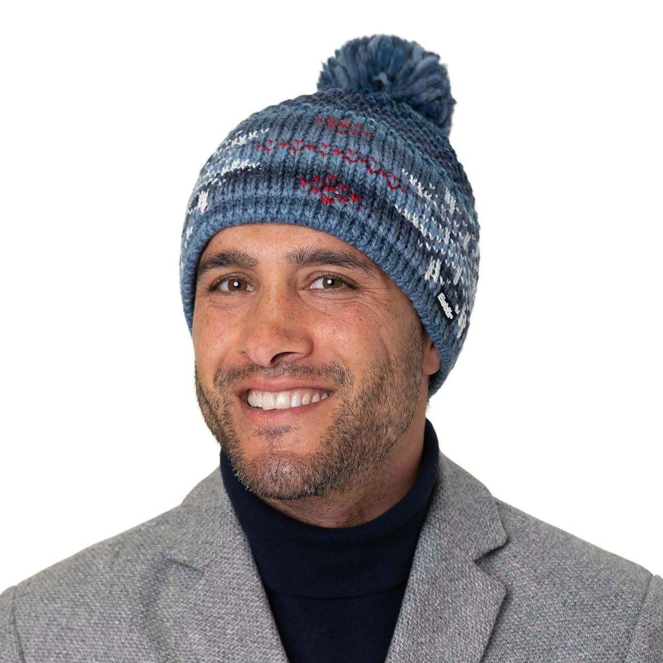Eisbär IKE Pompon Beanie Mütze Strickmütze Wollmütze Wintermütze Damen/Herren - Made in the EU mit Umschlag, Umschlag Winter Herbst-Winter