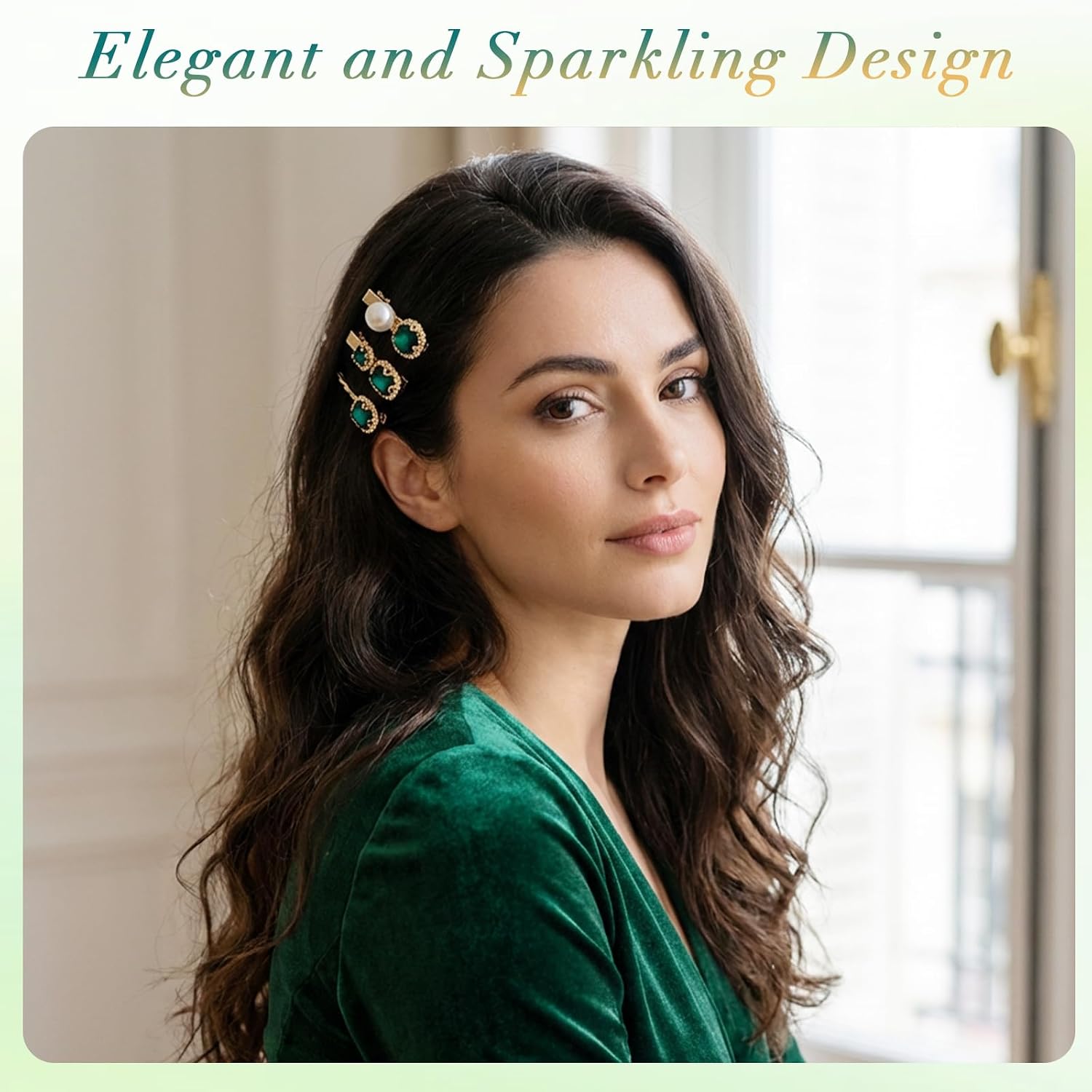 Vintage Green Crystal Pearl Gold Hair Accessories, Elegant Decorative Clips image 5